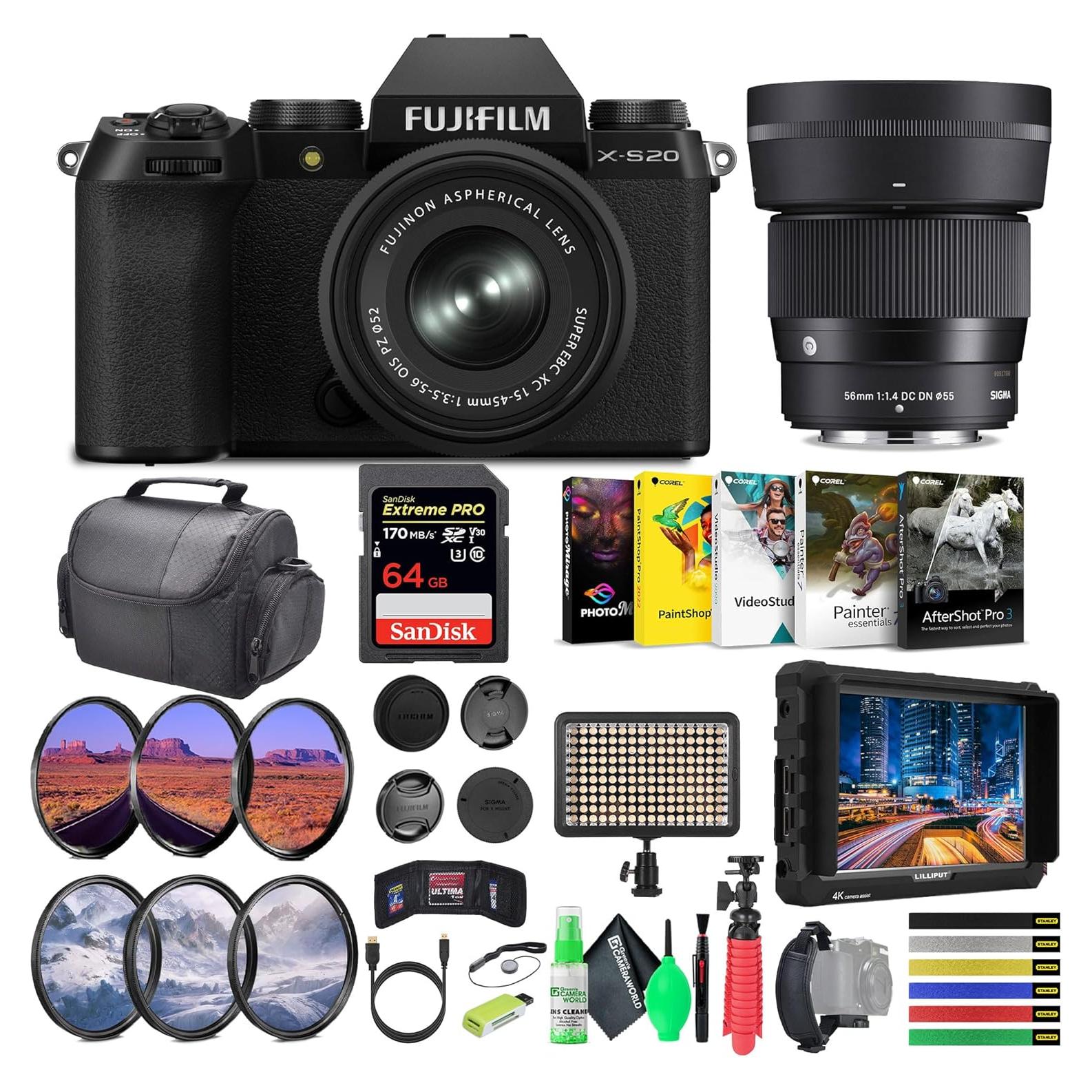 Cámara Sin Espejo FUJIFILM X-S20 + Lente 15-45mm y Sigma 56mm