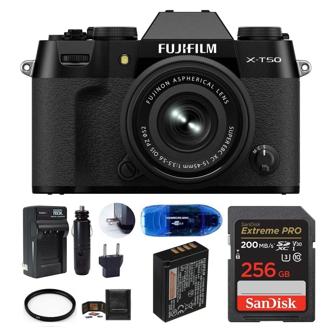 Cámara sin espejo Fujifilm X-T50 con lente 15-45mm y accesorios