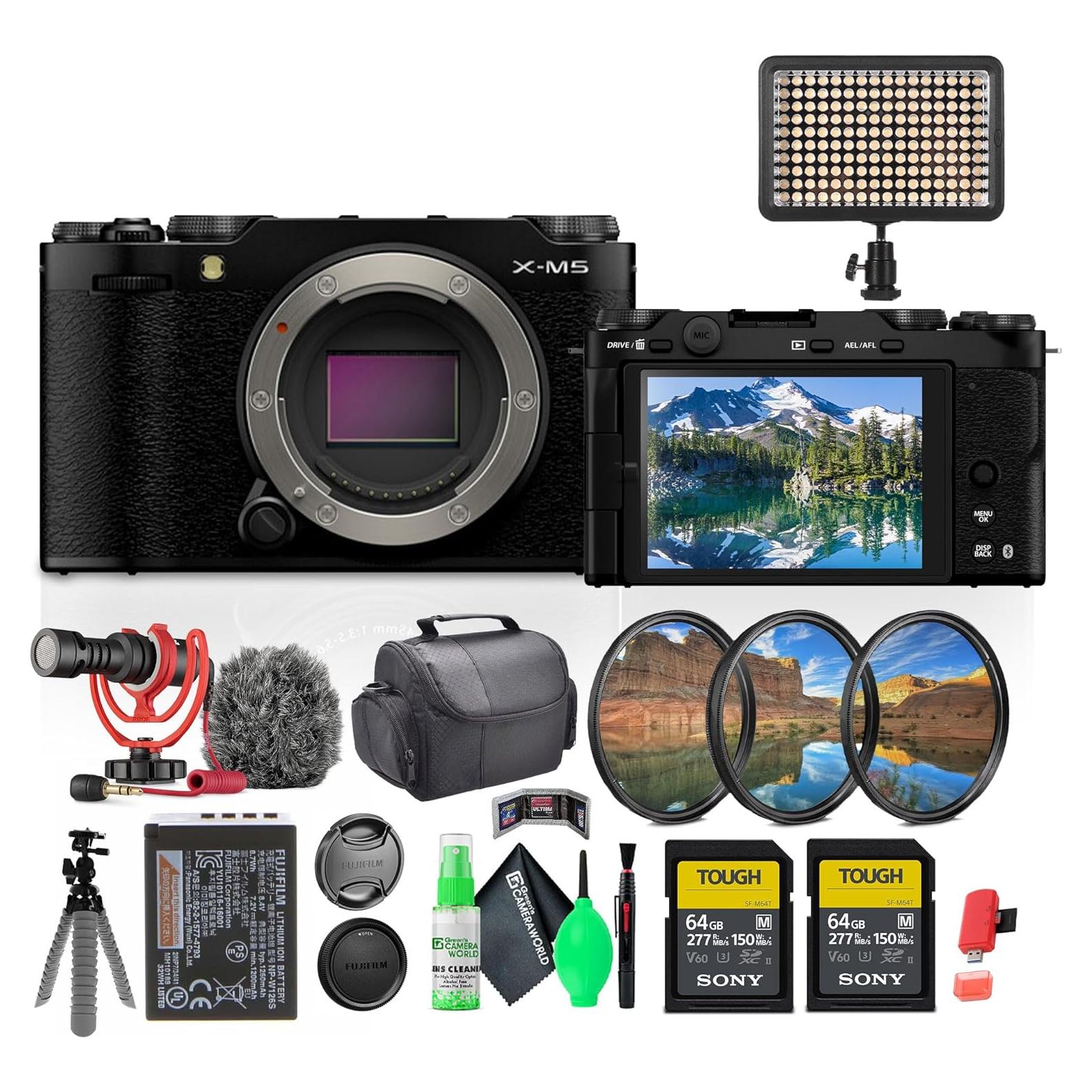 Fujifilm X-M5 Mirrorless Digital Camera Body - Black Bundle with 2X 64GB SF-M Tough Series UHS-II SDXC Memory Card + Rode VideoMicro Ultracompact Camera-Mount Microphone + More