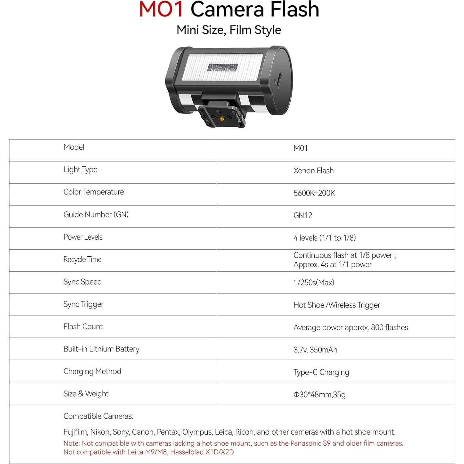 Flash TTARTISAN M01 Mini Speedlite 5600K-200K GN12 para Cámara