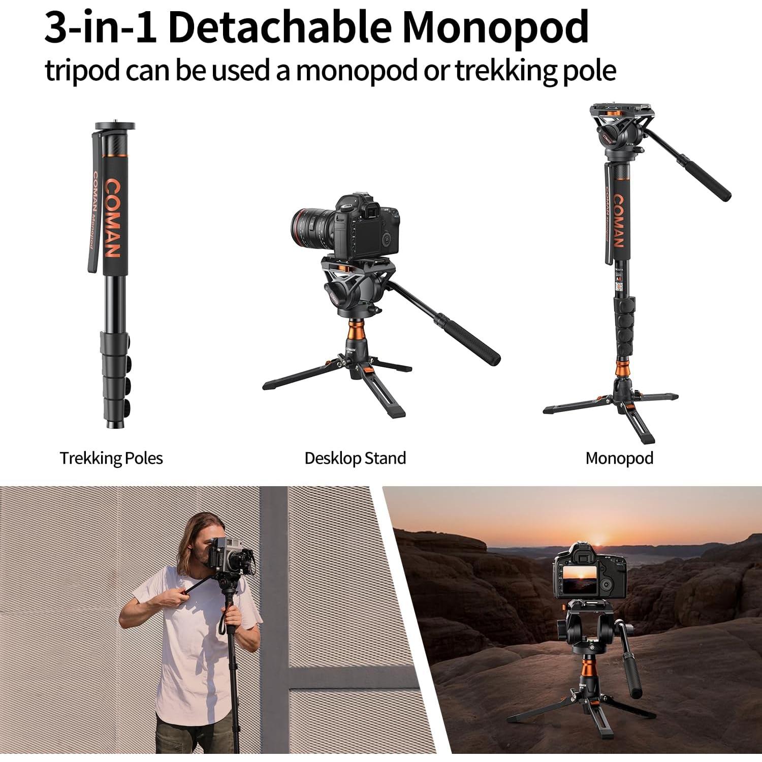 Monopie COMAN Q6 con Pies de Trípode 70.6" 22 lbs para Cámara