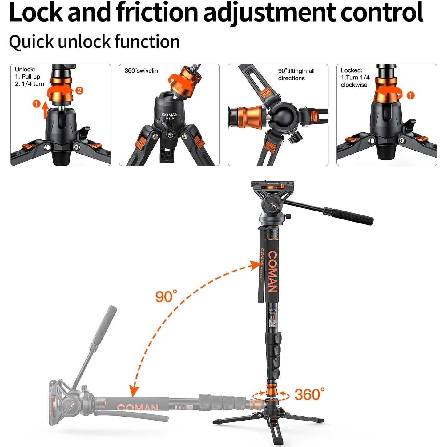 Monopie COMAN Q6 con Pies de Trípode 70.6" 22 lbs para Cámara