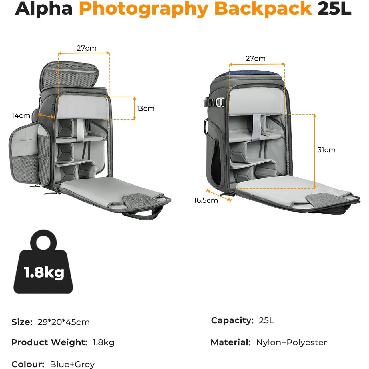 Mochila para Cámara K&F Concept 25L Impermeable Azul