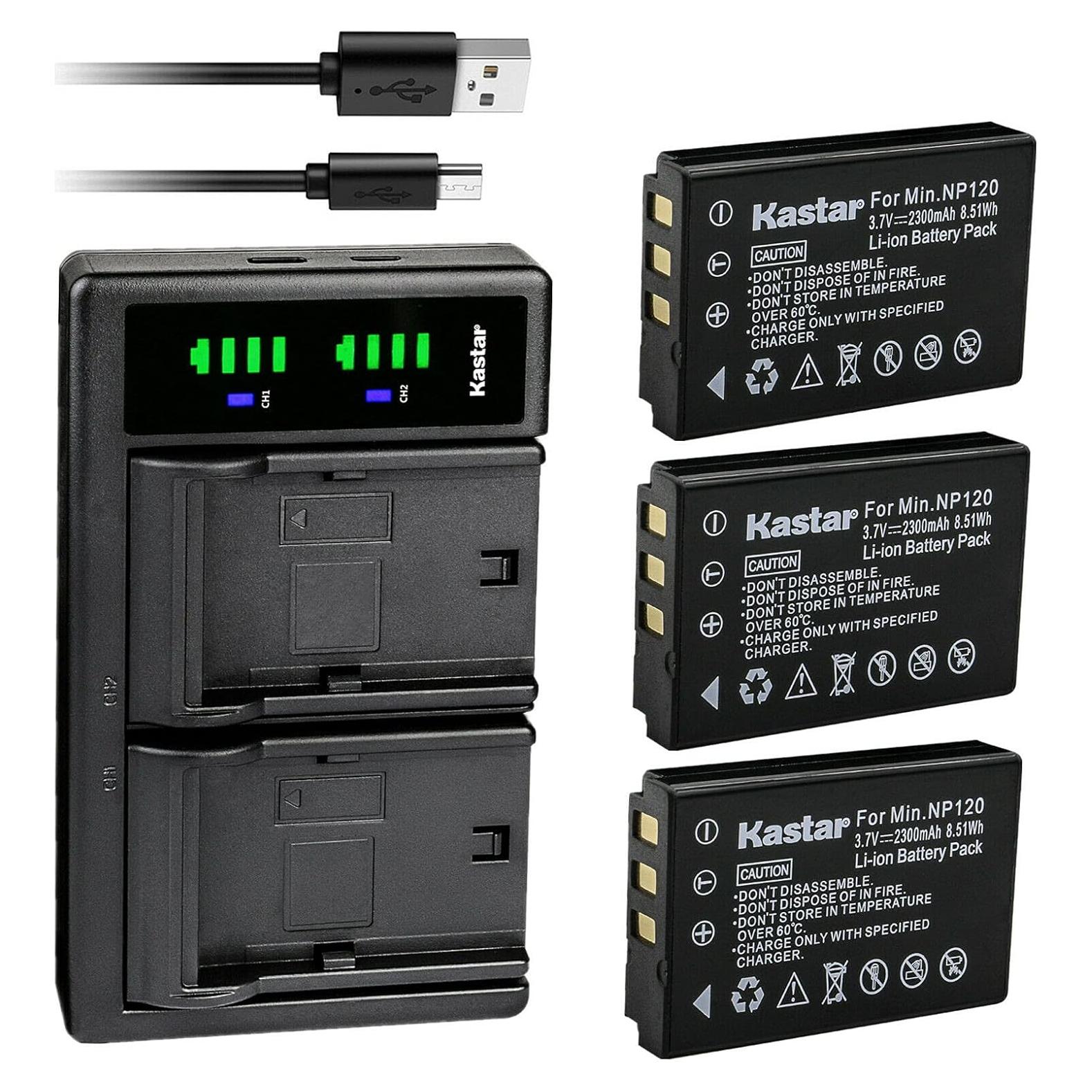 Kastar Cargador USB Dual + 3 Baterías Litio NP-120