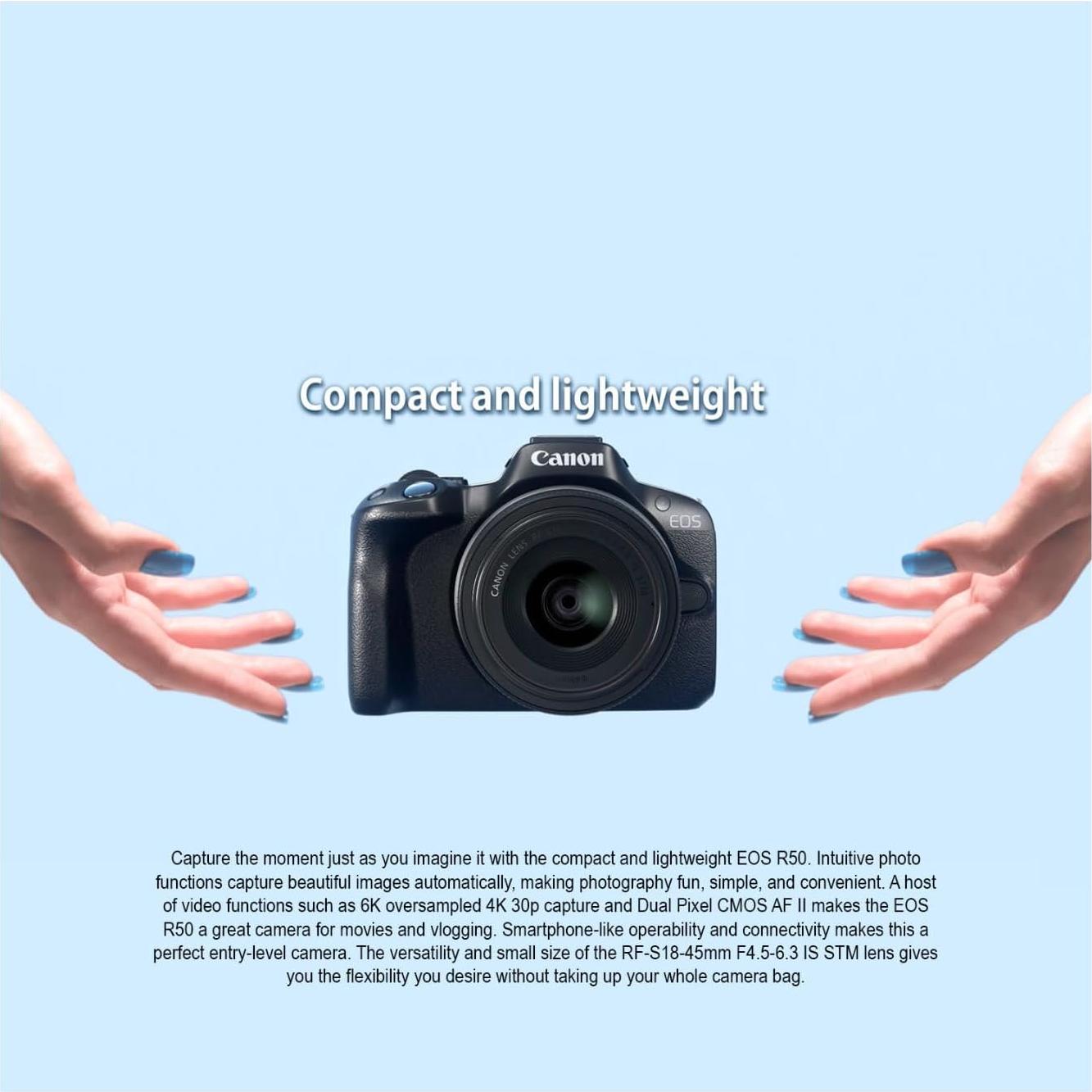 Cámara Sin Espejo Canon EOS R50 con Lente 18-45mm y Accesorios