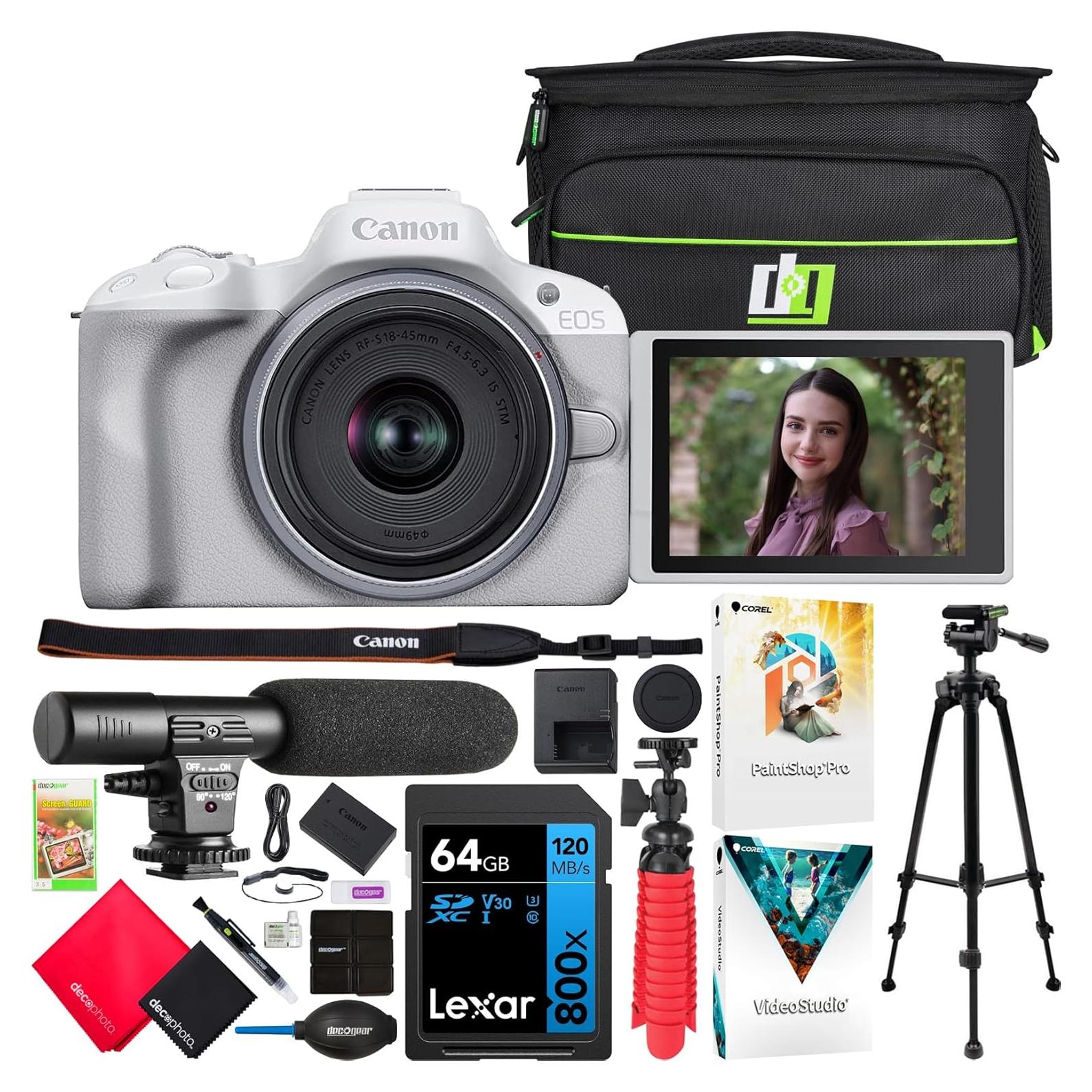 Canon EOS R50 Mirrorless Camera (White) with RF-S 18-45mm F4.5-6.3 is STM Lens 5812C012 Bundle with Deco Gear Photography Bag + Microphone + Tripod + Software & Accessories Kit