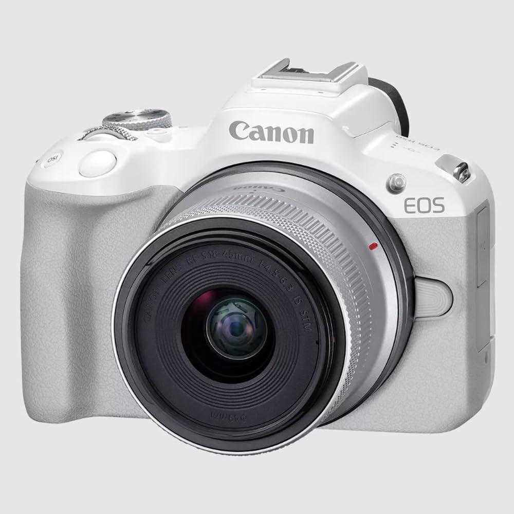 Canon EOS R50 Mirrorless Camera (White) with RF-S 18-45mm F4.5-6.3 is STM Lens 5812C012 Bundle with Deco Gear Photography Bag + Microphone + Tripod + Software & Accessories Kit