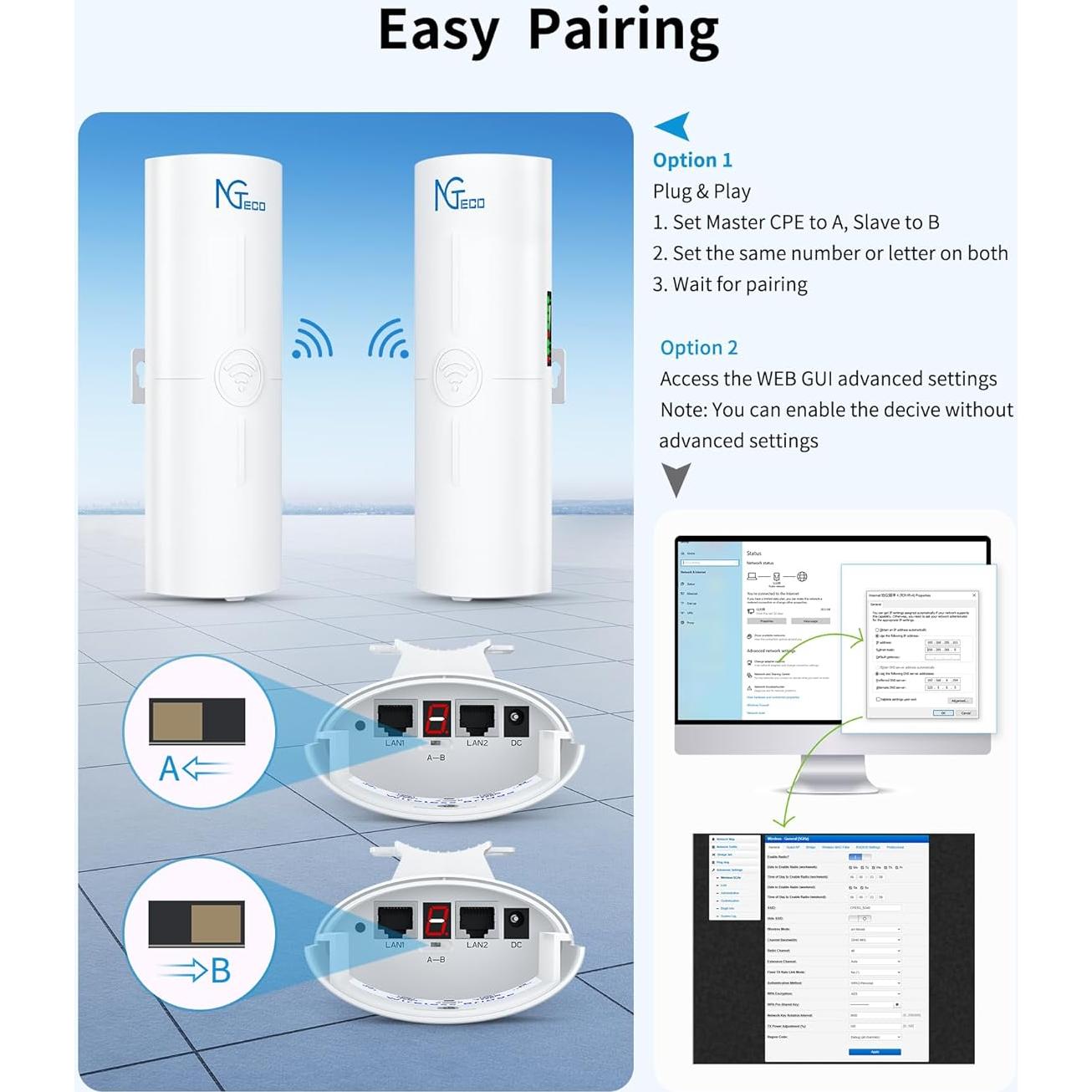 Puente Inalámbrico NGTeco NG-CPE820 5KM 14dBi Exterior