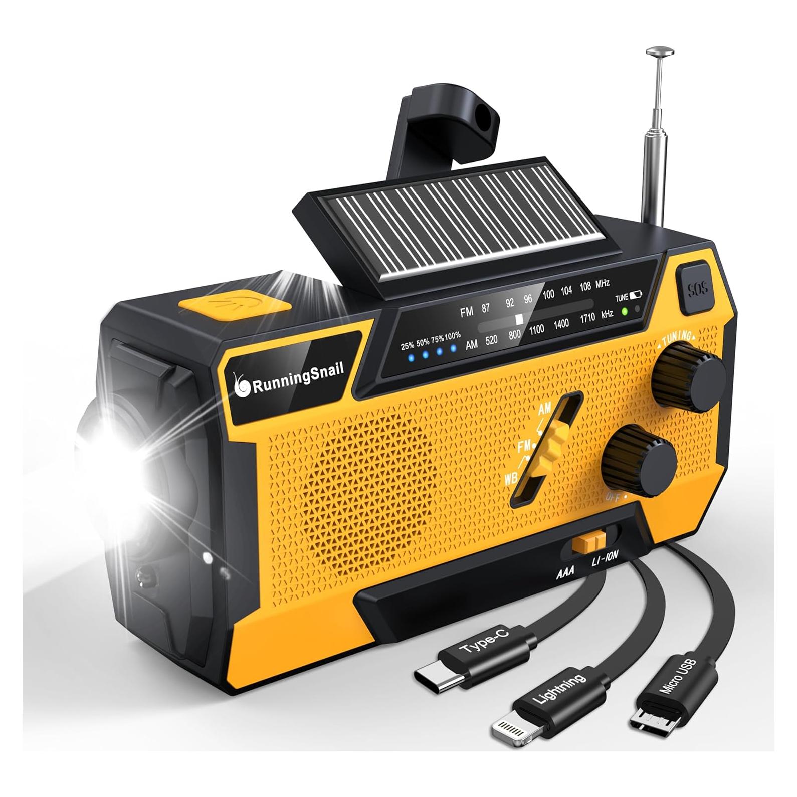 Emergency Crank Weather Radio: AM/FM/NOAA Weather Radio with 3 Built-in Cable - Hand Crank Radio with 2000mAh, Solar Charge, Hand Crank & Battery Operated, SOS Alarm, Flashlight for Outdoor Emergency