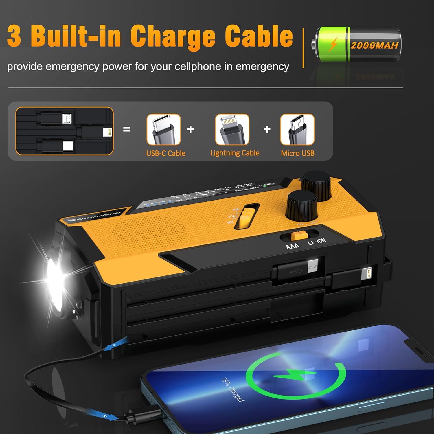 Emergency Crank Weather Radio: AM/FM/NOAA Weather Radio with 3 Built-in Cable - Hand Crank Radio with 2000mAh, Solar Charge, Hand Crank & Battery Operated, SOS Alarm, Flashlight for Outdoor Emergency