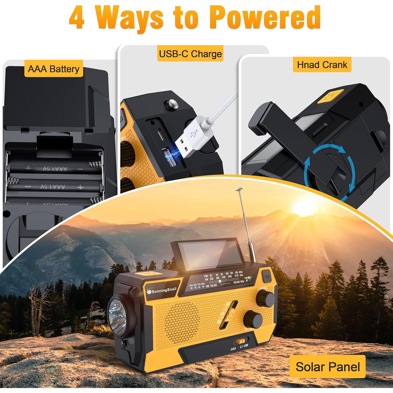 Emergency Crank Weather Radio: AM/FM/NOAA Weather Radio with 3 Built-in Cable - Hand Crank Radio with 2000mAh, Solar Charge, Hand Crank & Battery Operated, SOS Alarm, Flashlight for Outdoor Emergency