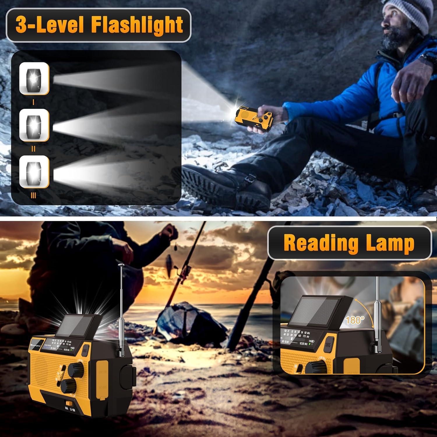 Emergency Crank Weather Radio: AM/FM/NOAA Weather Radio with 3 Built-in Cable - Hand Crank Radio with 2000mAh, Solar Charge, Hand Crank & Battery Operated, SOS Alarm, Flashlight for Outdoor Emergency