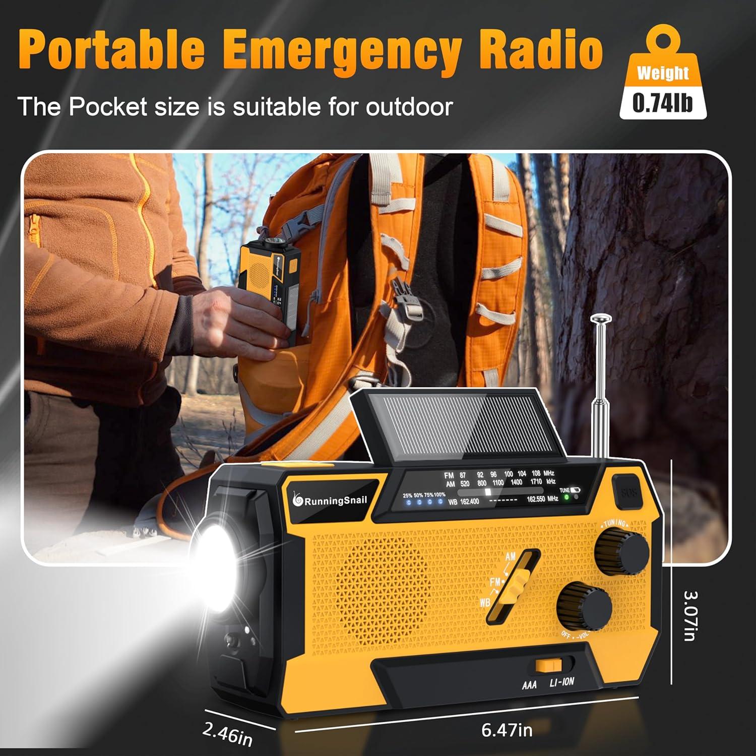 Emergency Crank Weather Radio: AM/FM/NOAA Weather Radio with 3 Built-in Cable - Hand Crank Radio with 2000mAh, Solar Charge, Hand Crank & Battery Operated, SOS Alarm, Flashlight for Outdoor Emergency