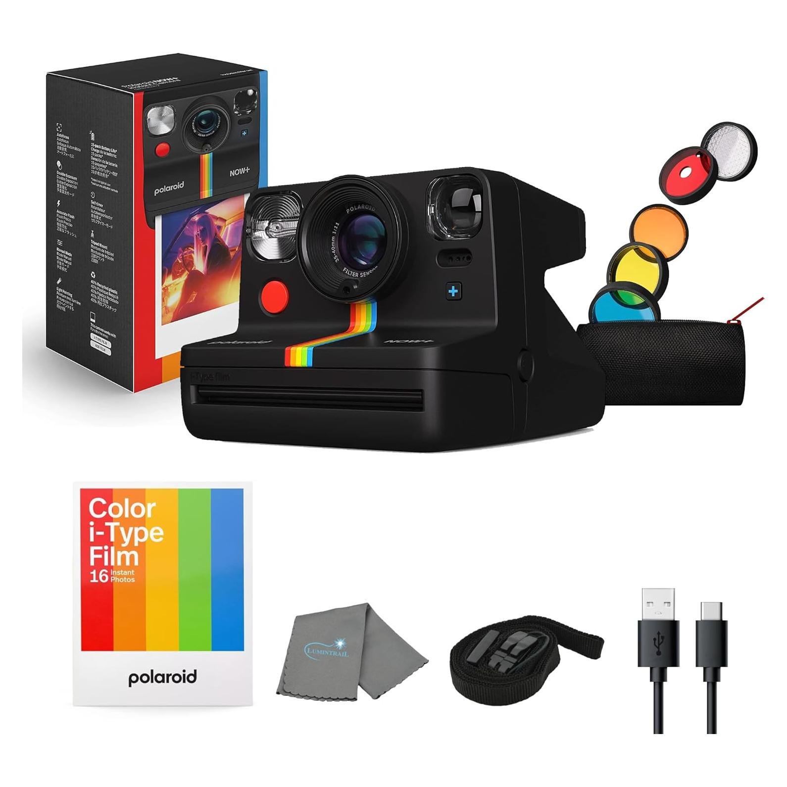 Polaroid Now+ Gen 2 Instant Camera, Black, Bluetooth Now Plus Film Camera with 5 Piece Lens Filter Kit & Pouch, 8 Color Film, Works with Polaroid i-Type and 600 Film, and Lens Cleaning Cloth