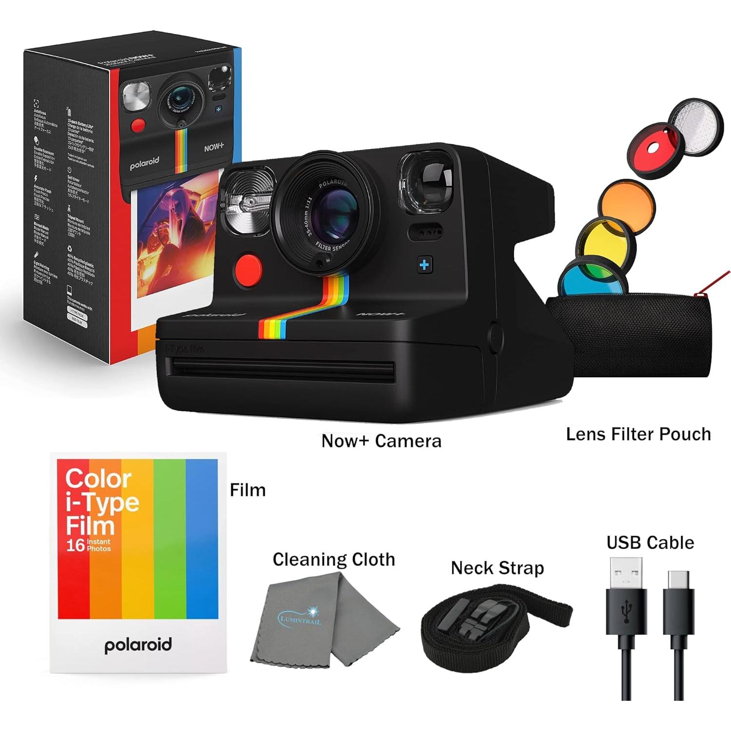 Polaroid Now+ Gen 2 Instant Camera, Black, Bluetooth Now Plus Film Camera with 5 Piece Lens Filter Kit & Pouch, 8 Color Film, Works with Polaroid i-Type and 600 Film, and Lens Cleaning Cloth