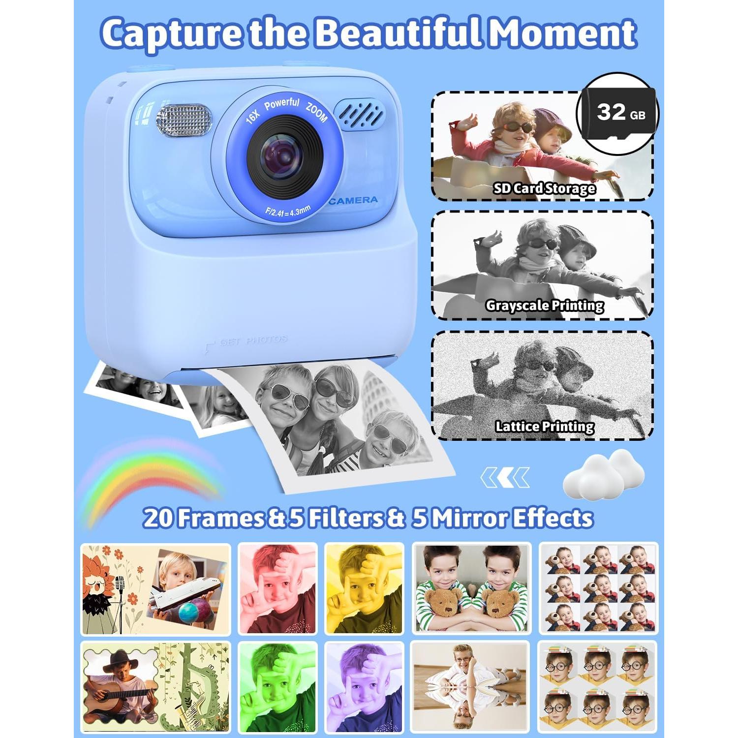 Mgaolo Kids Camera Instant Print Photo,Children Digital Camera Toys Gift with HD Video for Girls Boys 3-12 Age,Chritmas Birthday Festival Present for 3 4 5 6 7 8 9 Year Old Child (Blue)