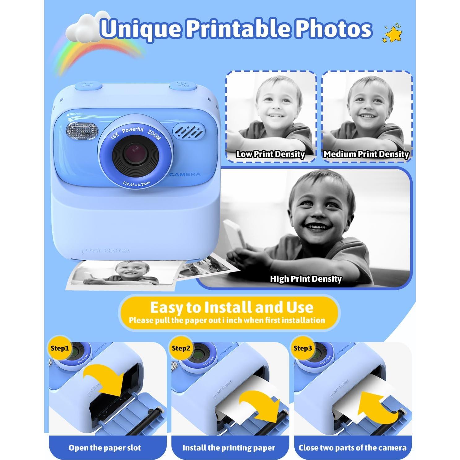 Mgaolo Kids Camera Instant Print Photo,Children Digital Camera Toys Gift with HD Video for Girls Boys 3-12 Age,Chritmas Birthday Festival Present for 3 4 5 6 7 8 9 Year Old Child (Blue)