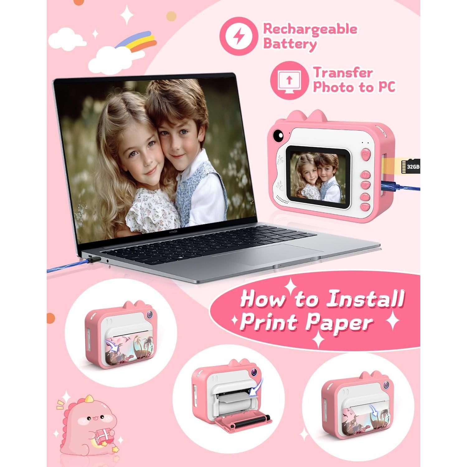 Cámara Instantánea Usteetic para Niños Rosa 20MP Video 1080P