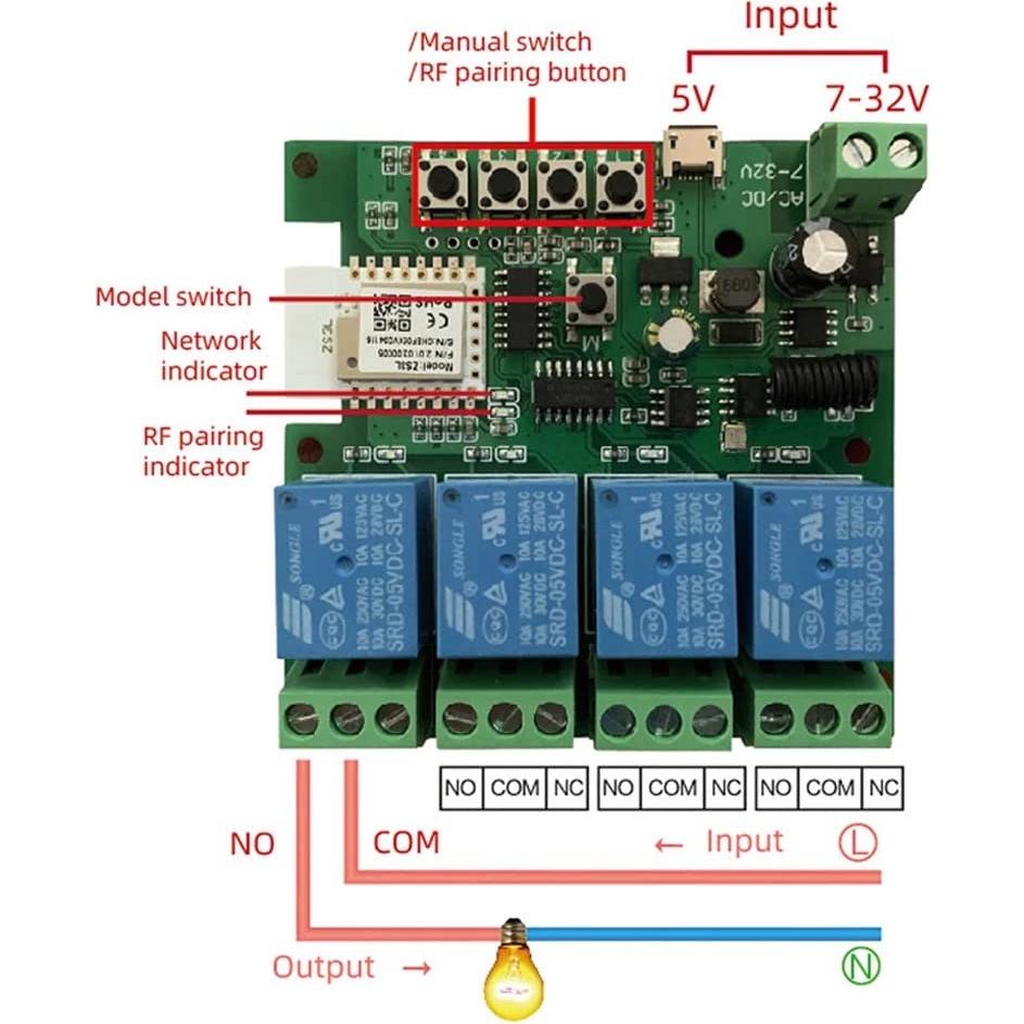 Interruptor Relé ZigBee 4 Canales 12V Control Remoto