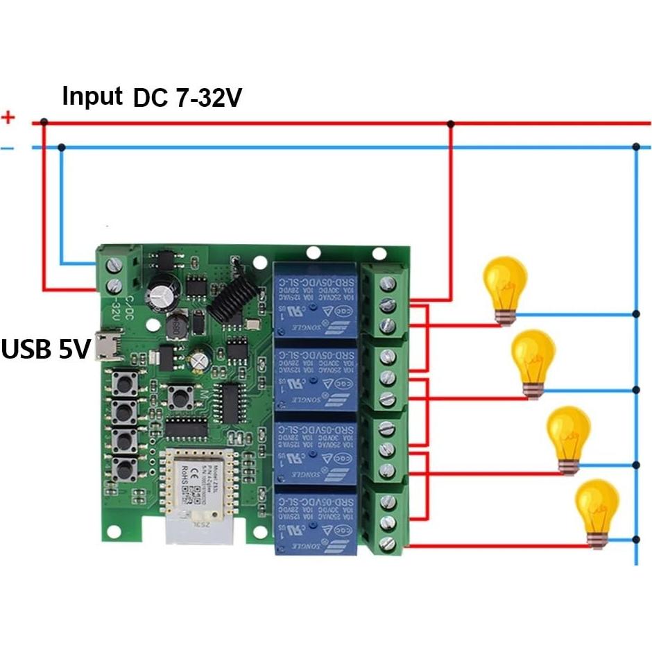 Interruptor Relé ZigBee 4 Canales 12V Control Remoto