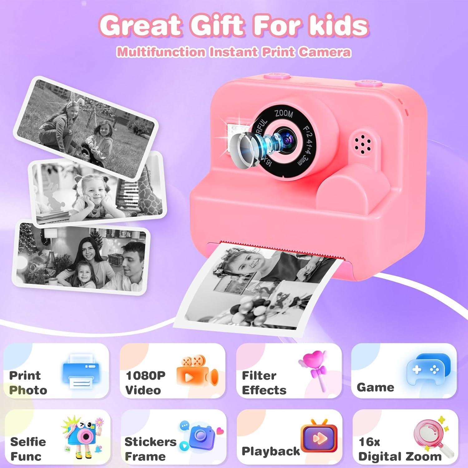 Cámara Instantánea Digital VZZNN T80631 Rosa 1080P para Niños