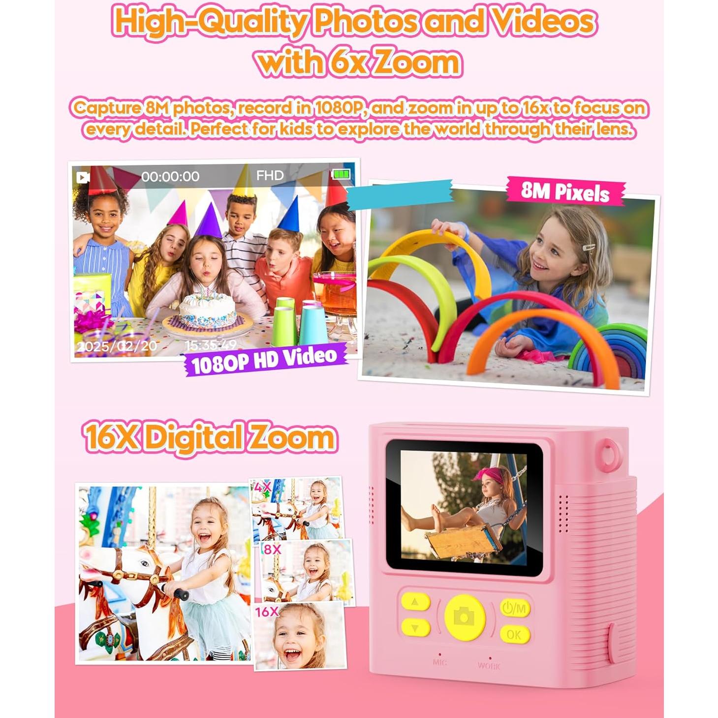 Cámara Instantánea para Niños WONNIE 1080P Rosa con 32GB