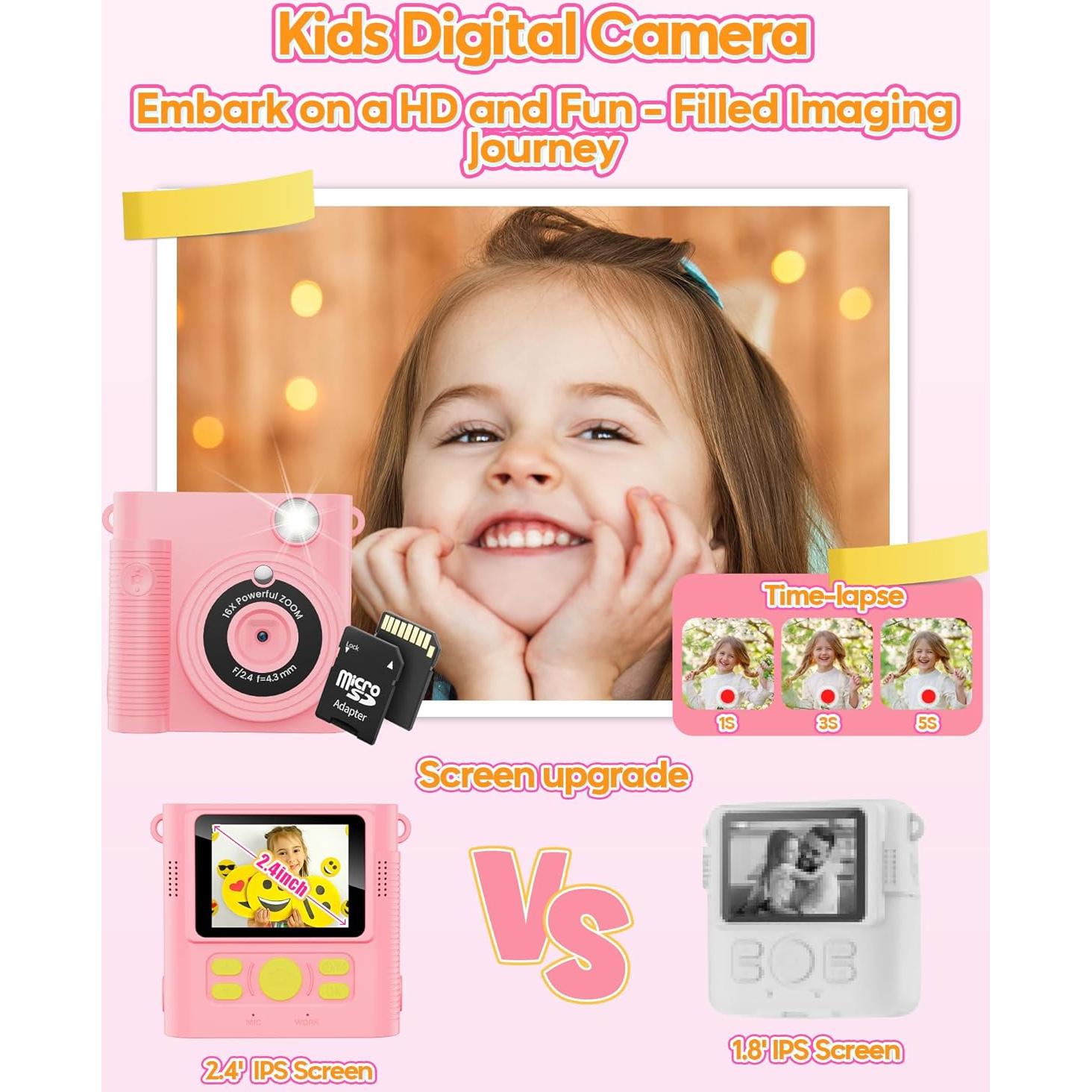 Cámara Instantánea para Niños WONNIE 1080P Rosa con 32GB