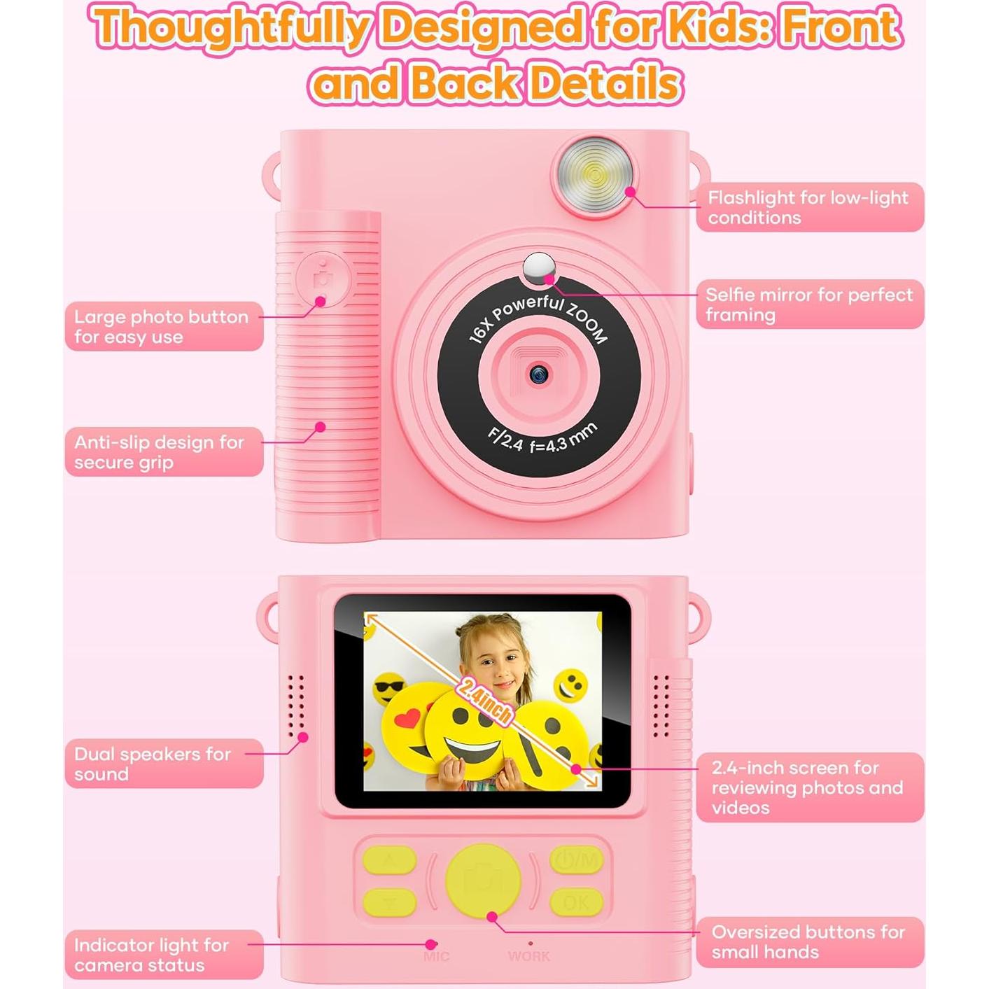 Cámara Instantánea para Niños WONNIE 1080P Rosa con 32GB