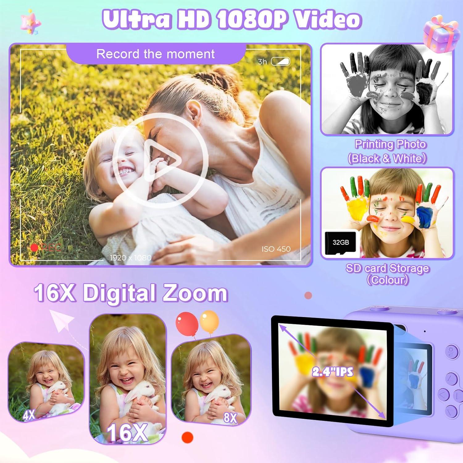 Cámara Instantánea Digital GKTZ para Niños 12MP 1080P Púrpura