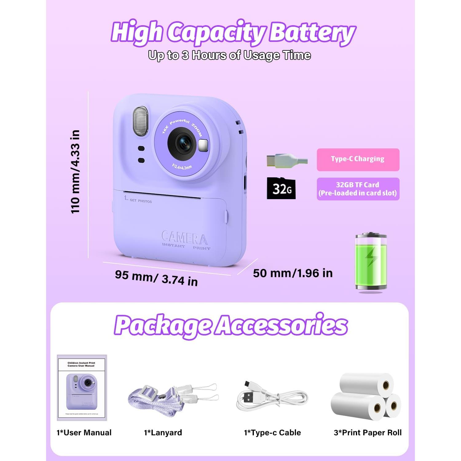 Cámara Instantánea para Niños Teslahero Púrpura 48MP HD