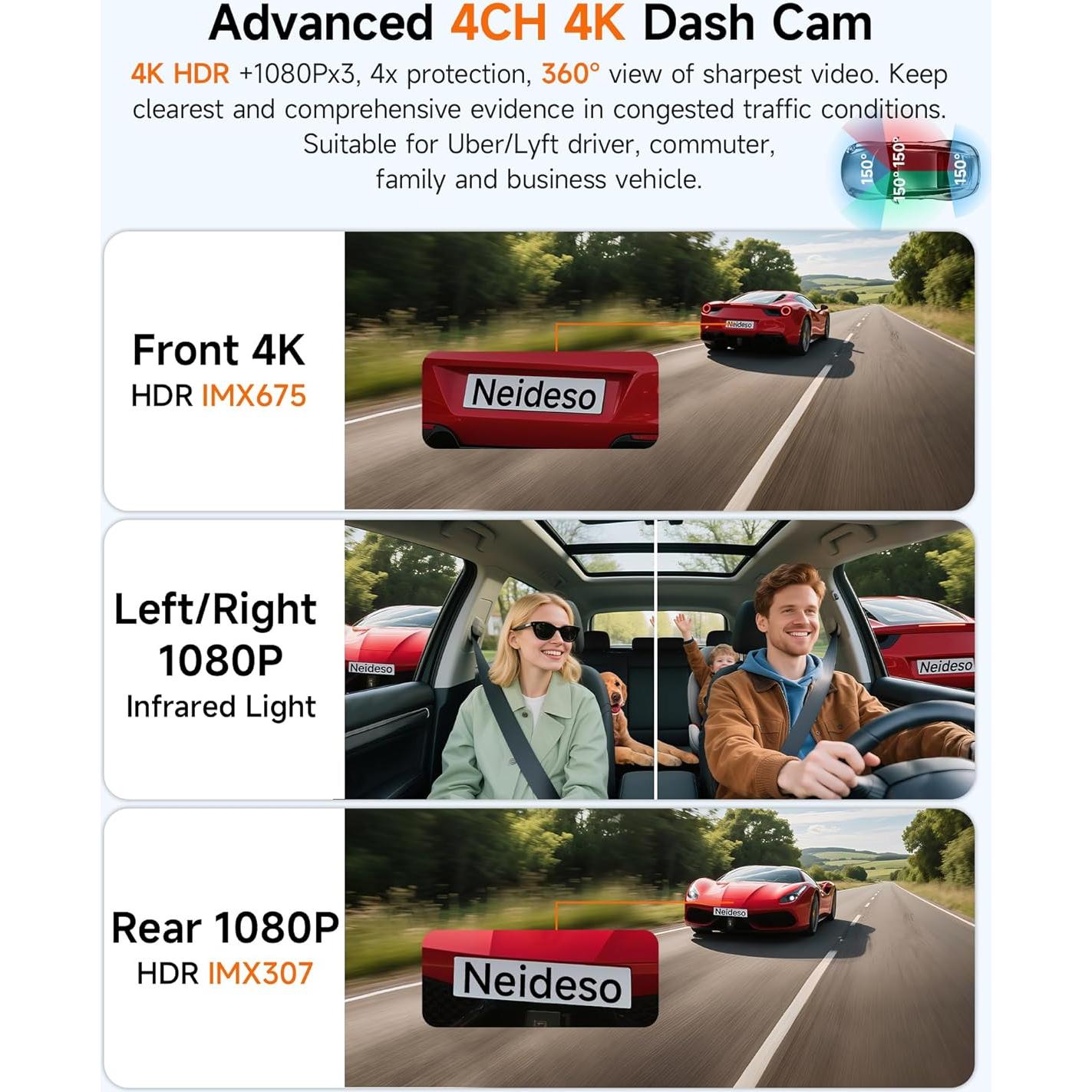 Dash Cam 4K 4 Channel, STARVIS 2 IMX675 Sensor AI Dashcam with Driver Monitor System, 4K+1080P*3 Car Camera, 360° Dash Camera 5G WiFi GPS, 128GB SD Card Night Vision 24H Parking Mode, N900-4CH