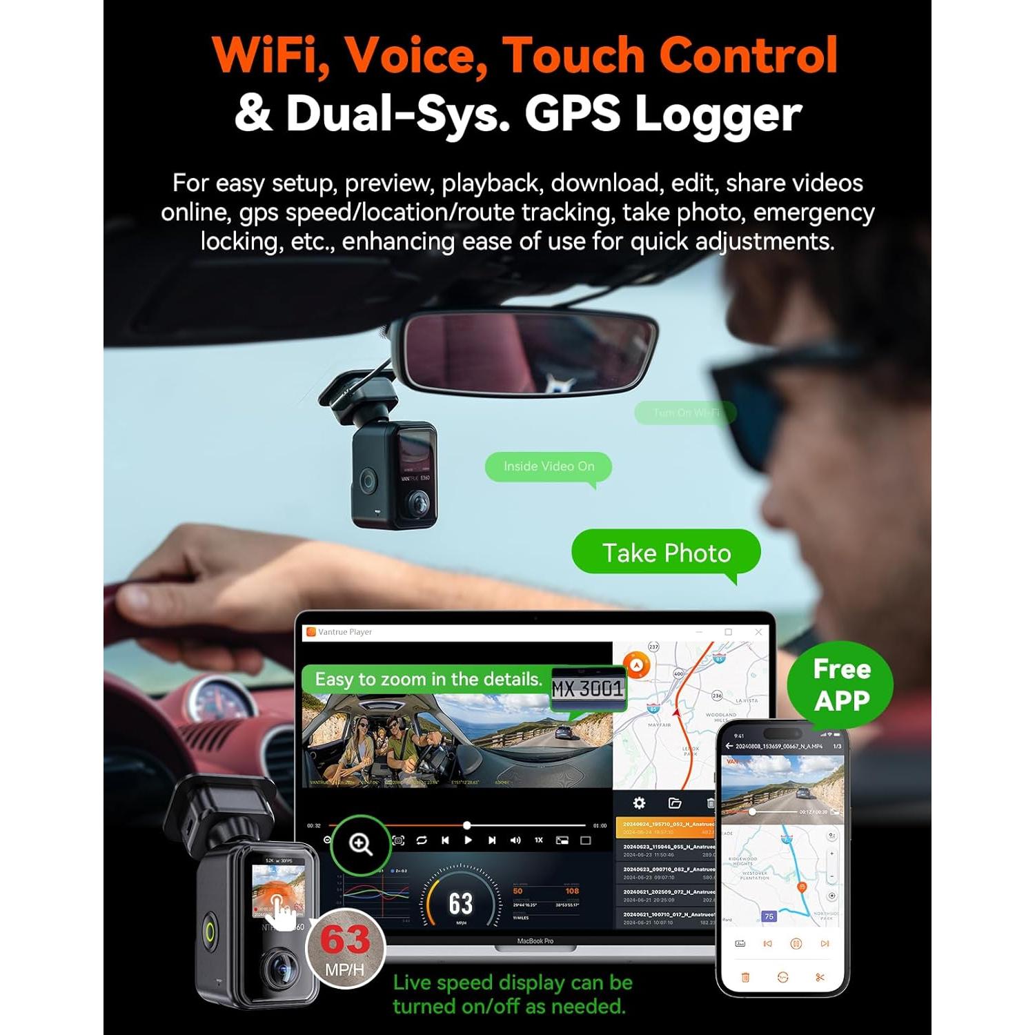 Cámara Dash Cam Vantrue E360 5.2K 360° Doble STARVIS 2