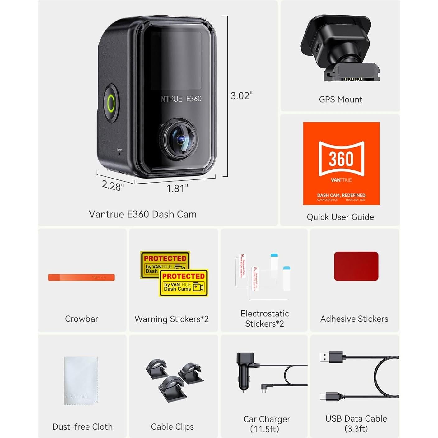 Cámara Dash Cam Vantrue E360 5.2K 360° Doble STARVIS 2