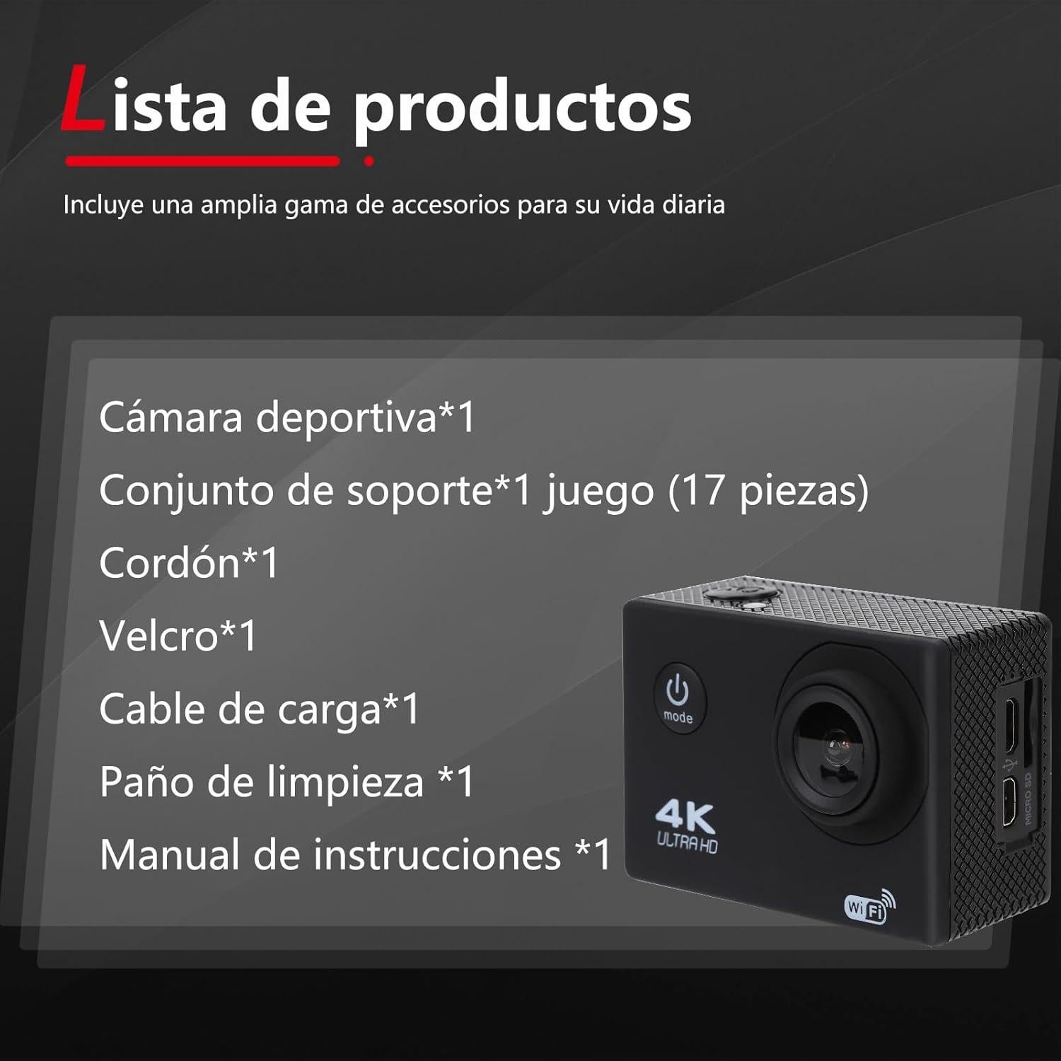 Cámara de Acción 4K Sanpyl 16MP Submarina 30m Pantalla 2"