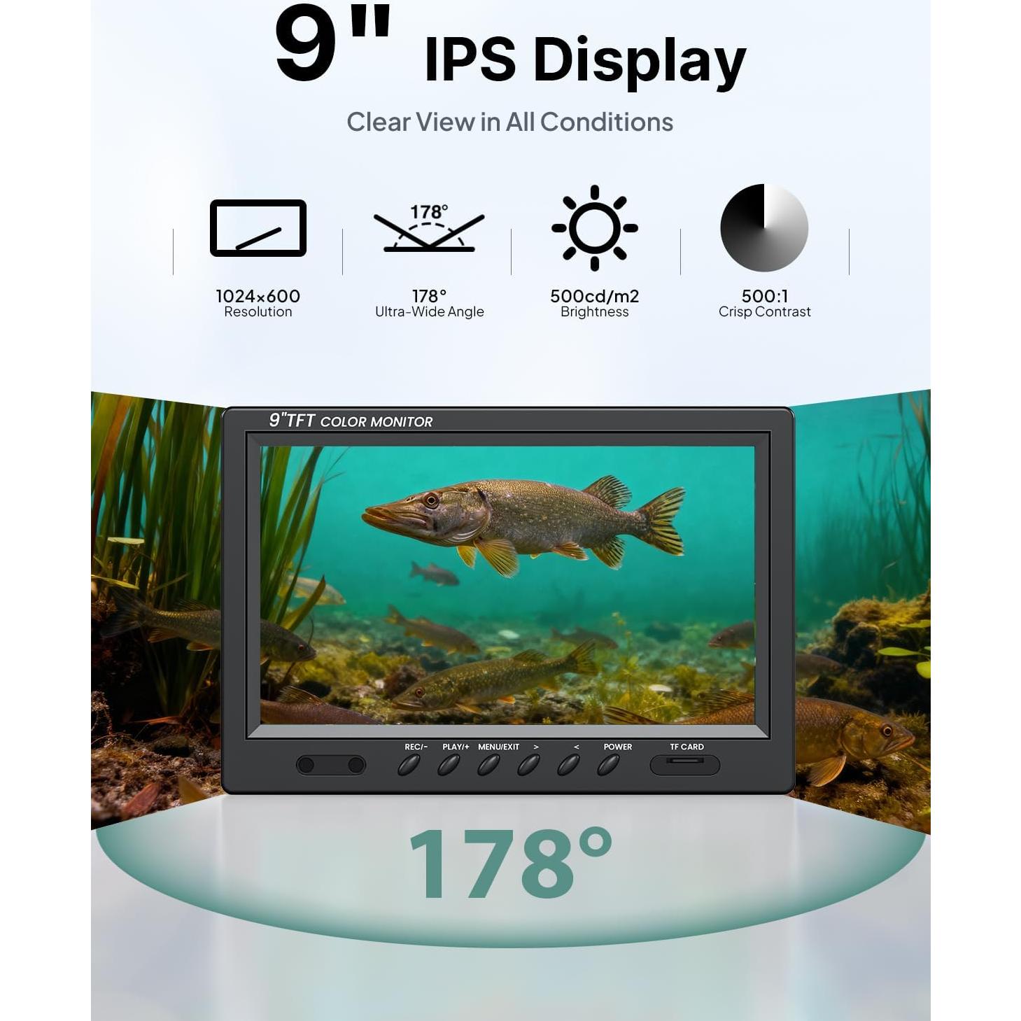 Cámara de Pesca Submarina Eyoyo 9" 1080P con DVR y 12 Luces IR