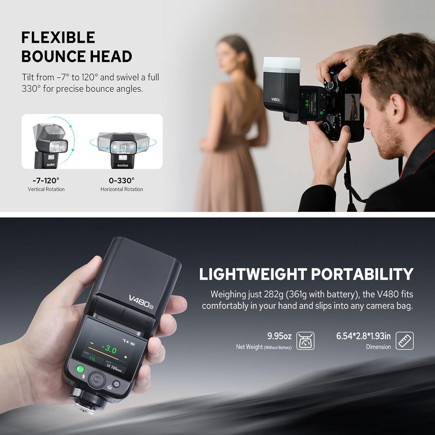 Flash Godox V480-O para Olympus y Panasonic, GN50, 650 Flashes