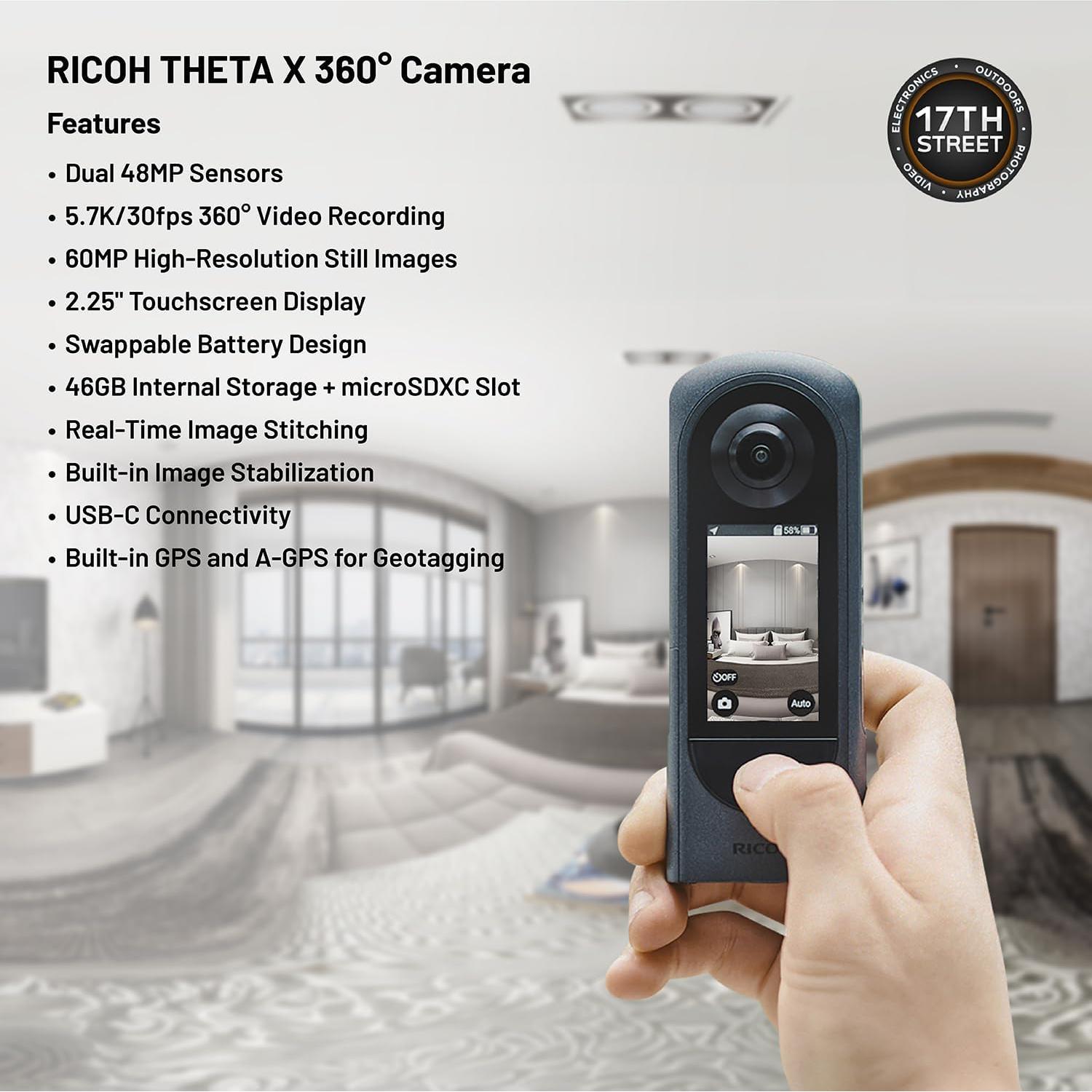Cámara Ricoh Theta X 360° 5.7K 48MP + Batería Extra 1350mAh