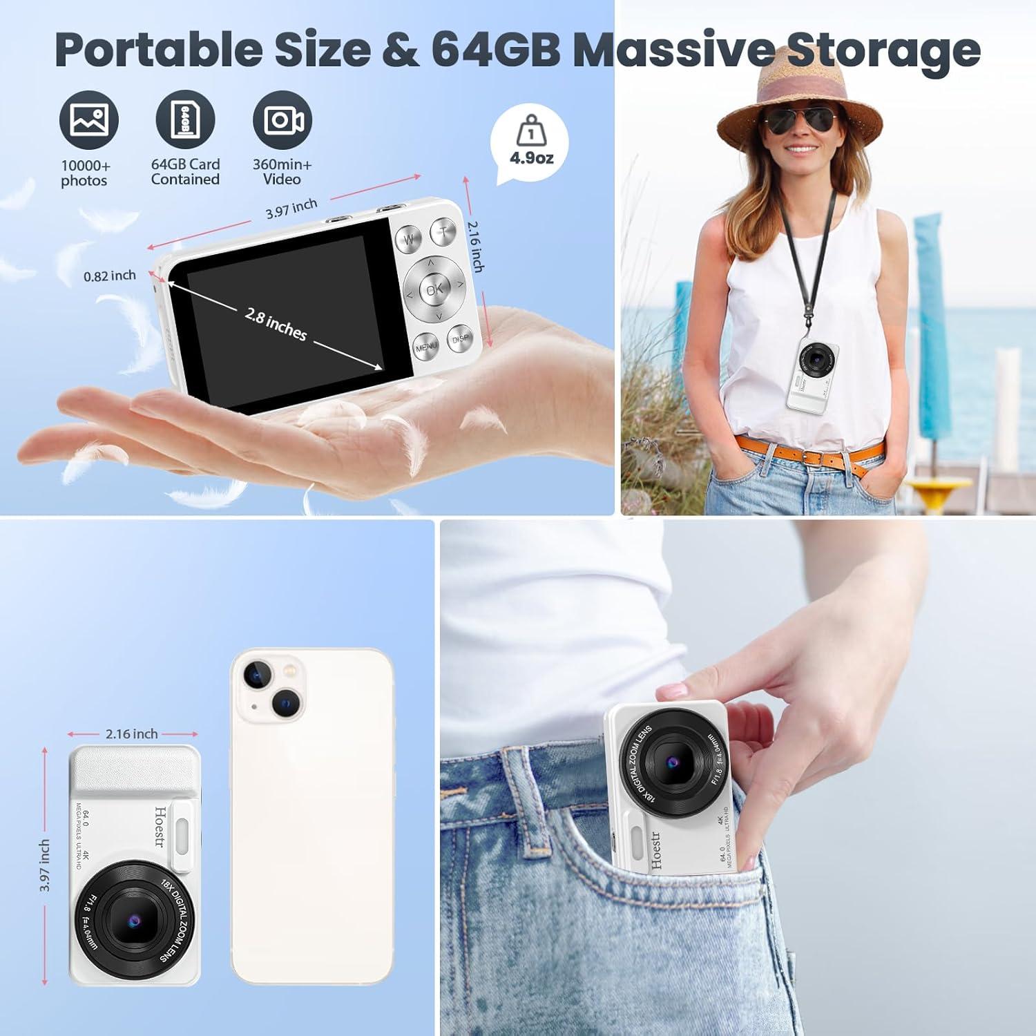 Cámara Digital Compacta Hoestr A60 64MP 4K 18x Zoom con 64GB