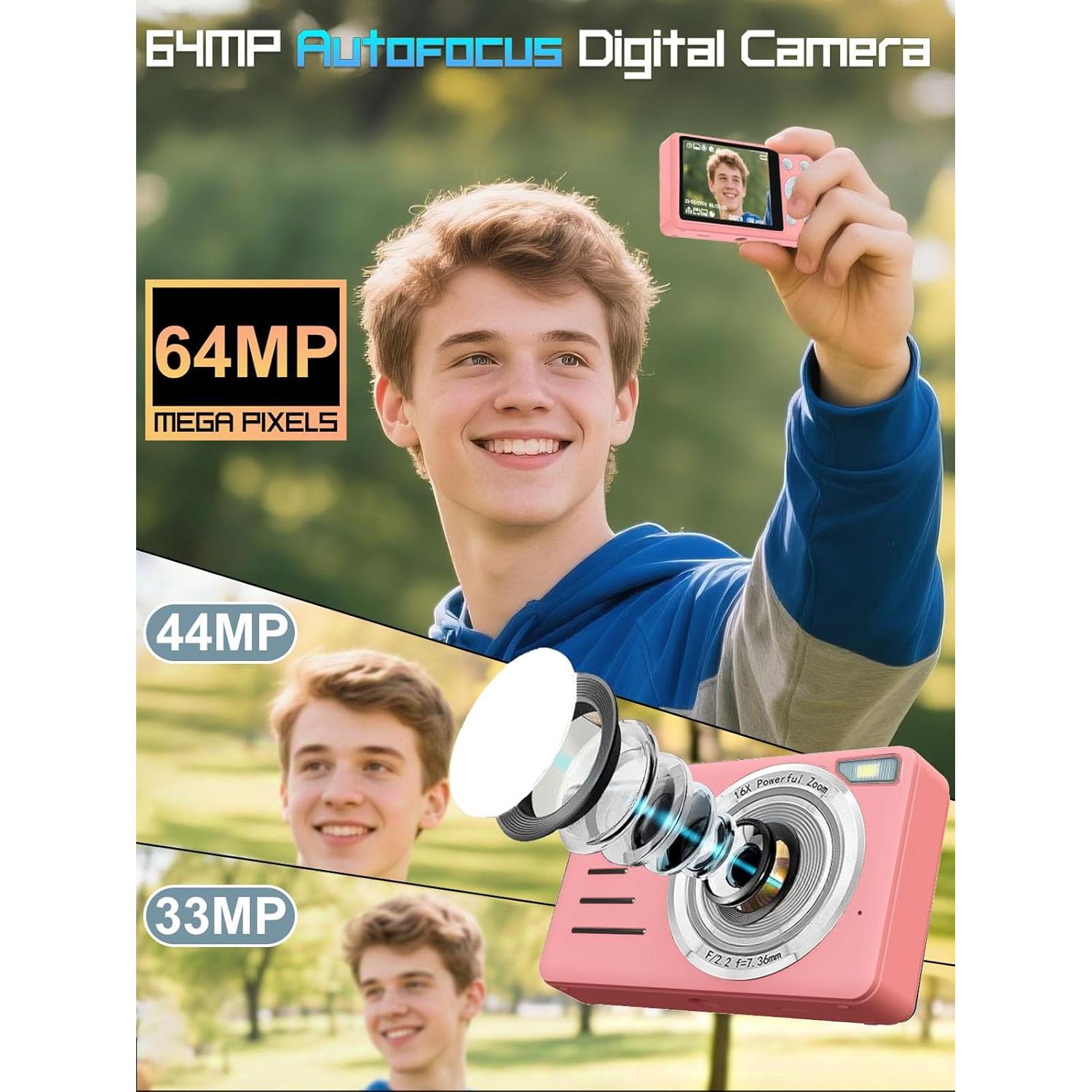 Cámara Digital 4K AIRSMIL Rosa 64MP 18X Zoom Compacta