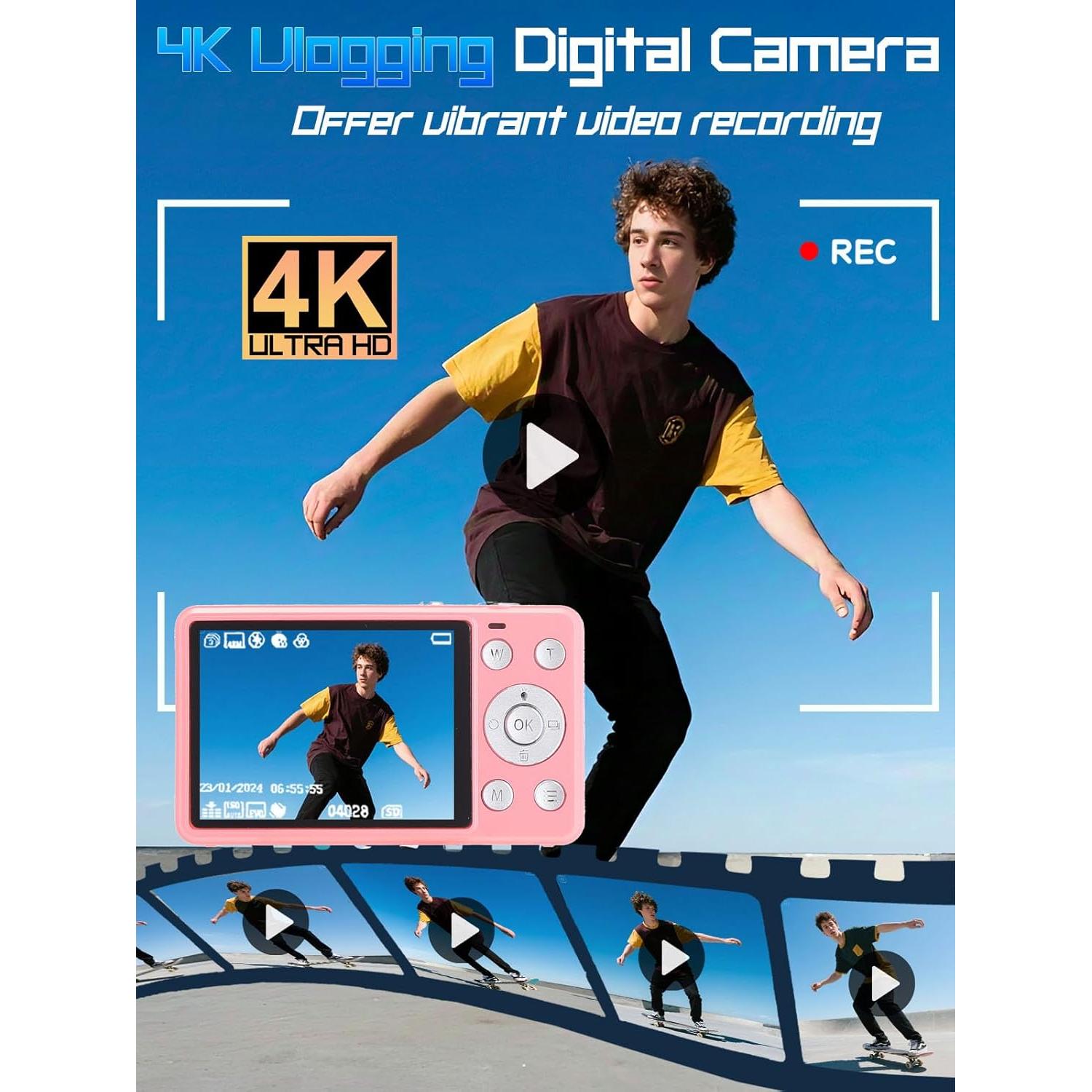 Cámara Digital 4K AIRSMIL Rosa 64MP 18X Zoom Compacta