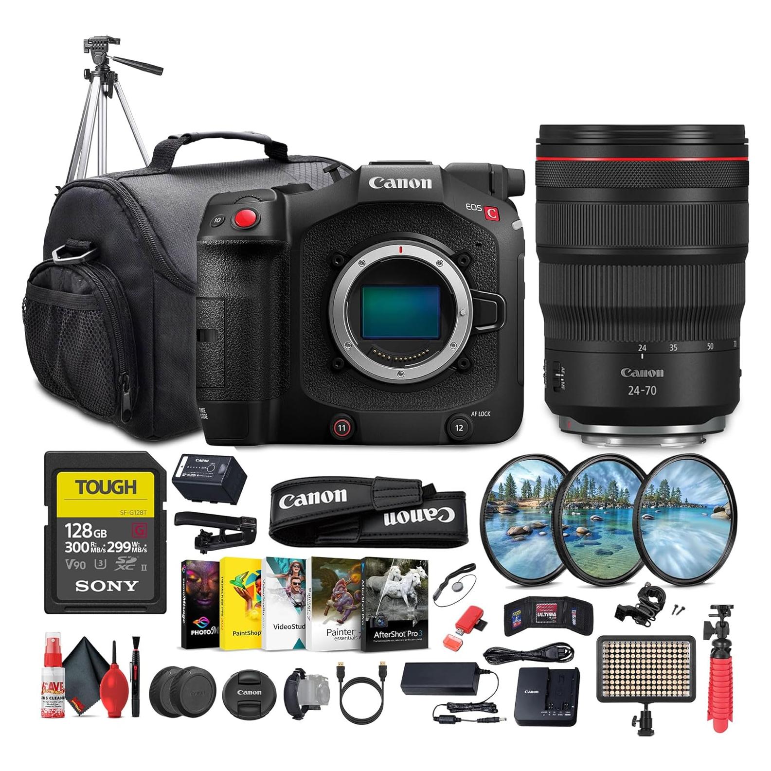 Canon EOS C80 6K Full-Frame Cinema Camera (Canon RF) (6389C002) + Canon RF 24-70mm Lens + 128GB Memory Card + LED Light + Tripod + Photo Software + Lens Filter Kit + Camera Bag + More (Renewed)