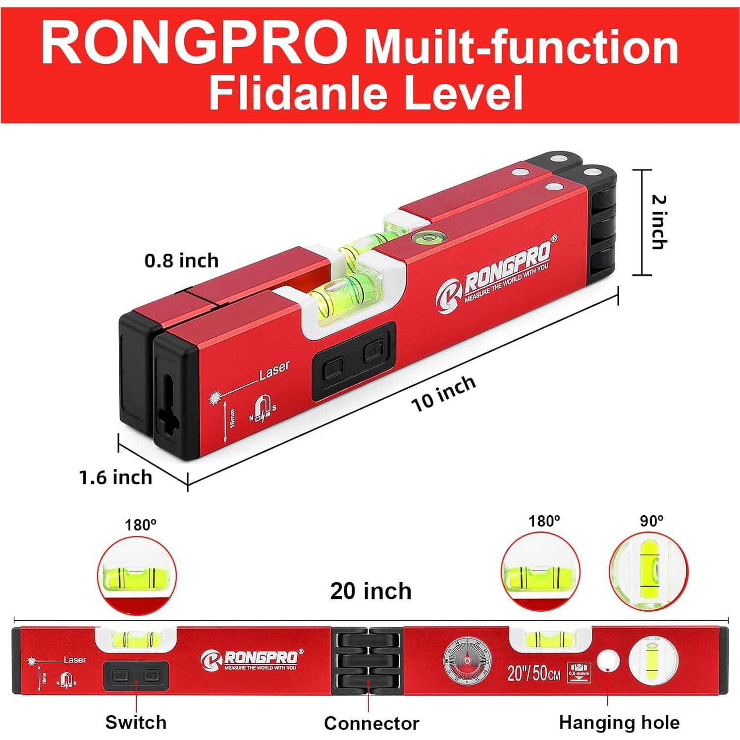 Nivel Magnético Plegable RONGPRO 50.8 cm con Láser 9.14 m