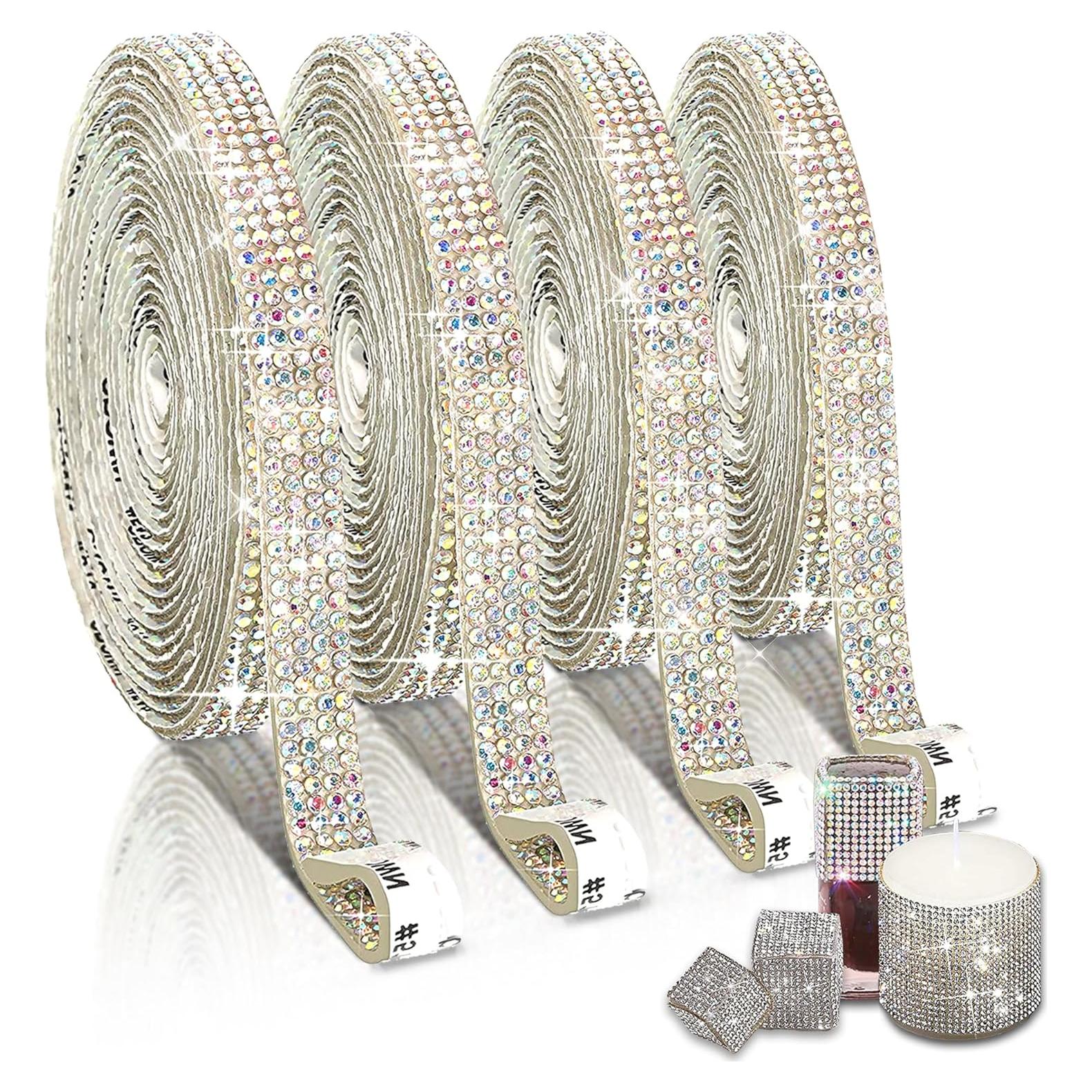 4 Rollos de Cinta de Rhinestone EANLOLY 0.91m Brillante AB