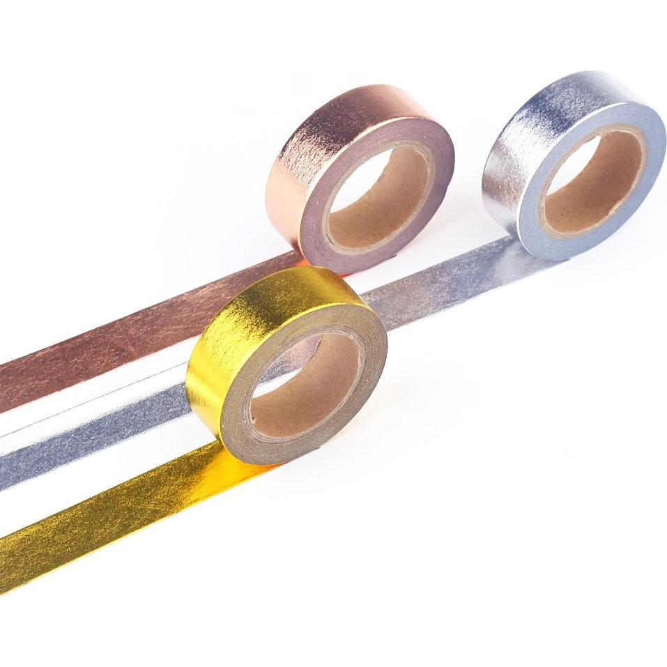 Cinta Washi Japonesa DECORA 3 Piezas Oro, Plata, Cobre 1.27cm x 10m