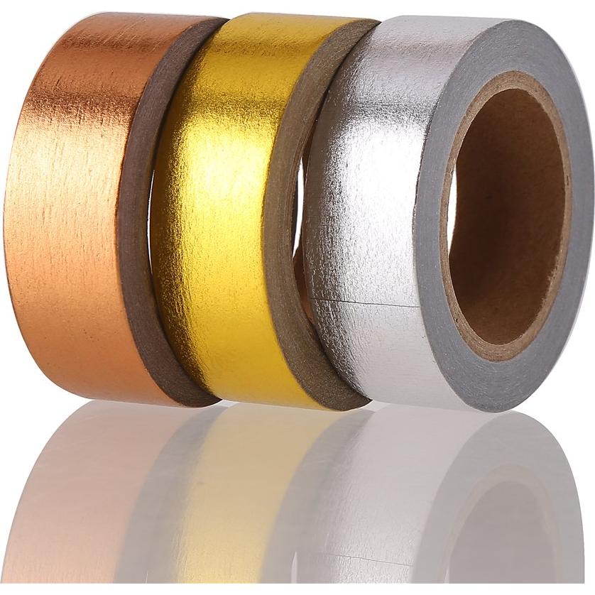 Cinta Washi Japonesa DECORA 3 Piezas Oro, Plata, Cobre 1.27cm x 10m