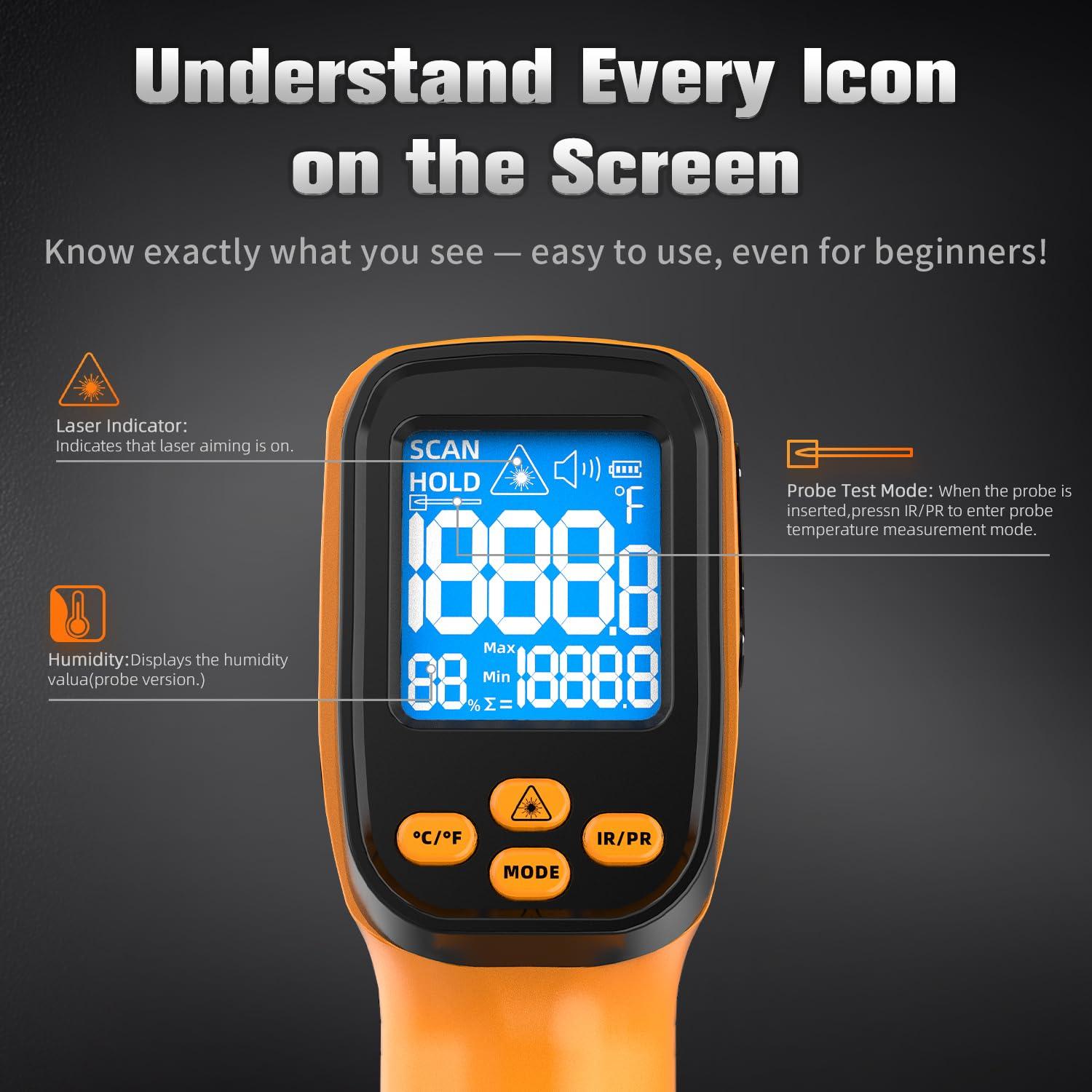 Termómetro Infrarrojo Digital SURPEER IR-K-1472 Sin Contacto -50°C a 800°C