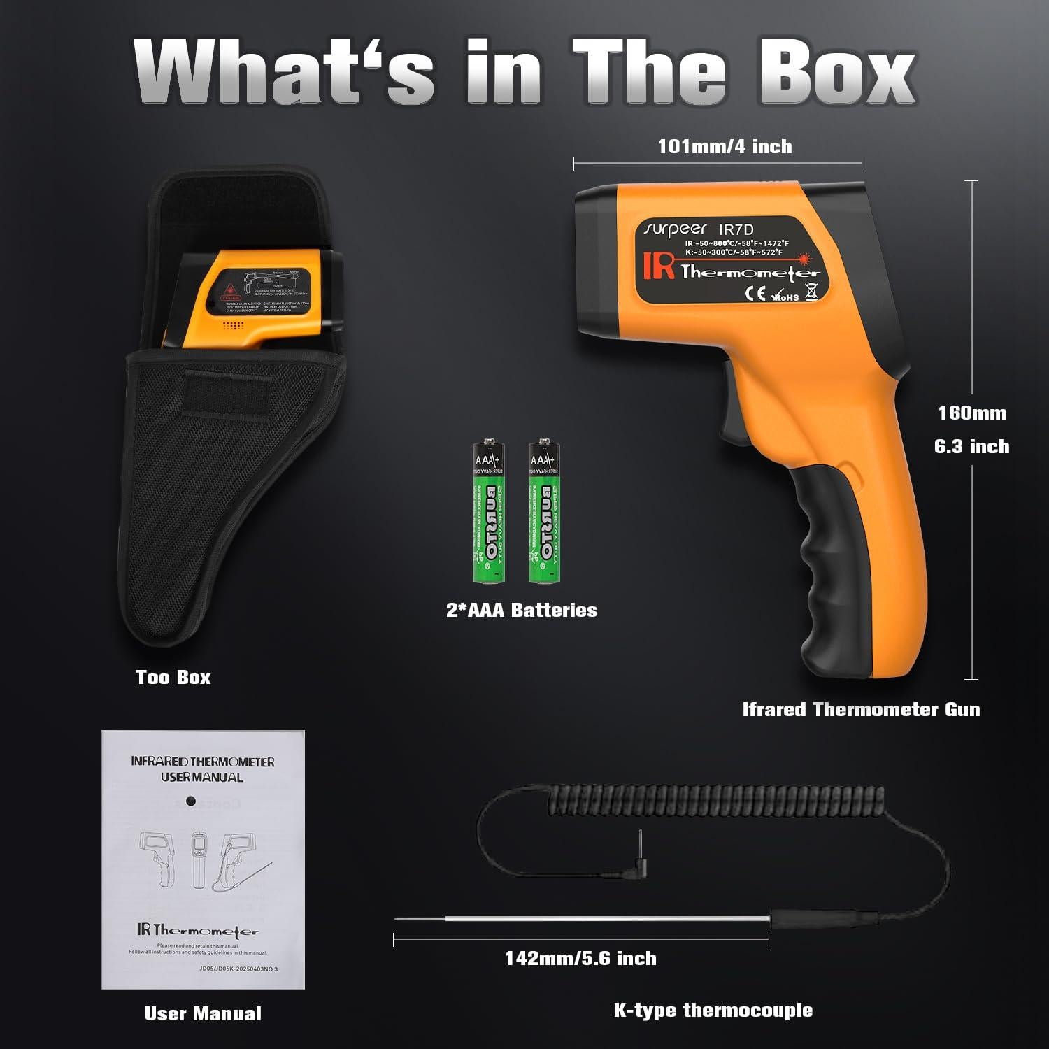 Termómetro Infrarrojo Digital SURPEER IR-K-1472 Sin Contacto -50°C a 800°C
