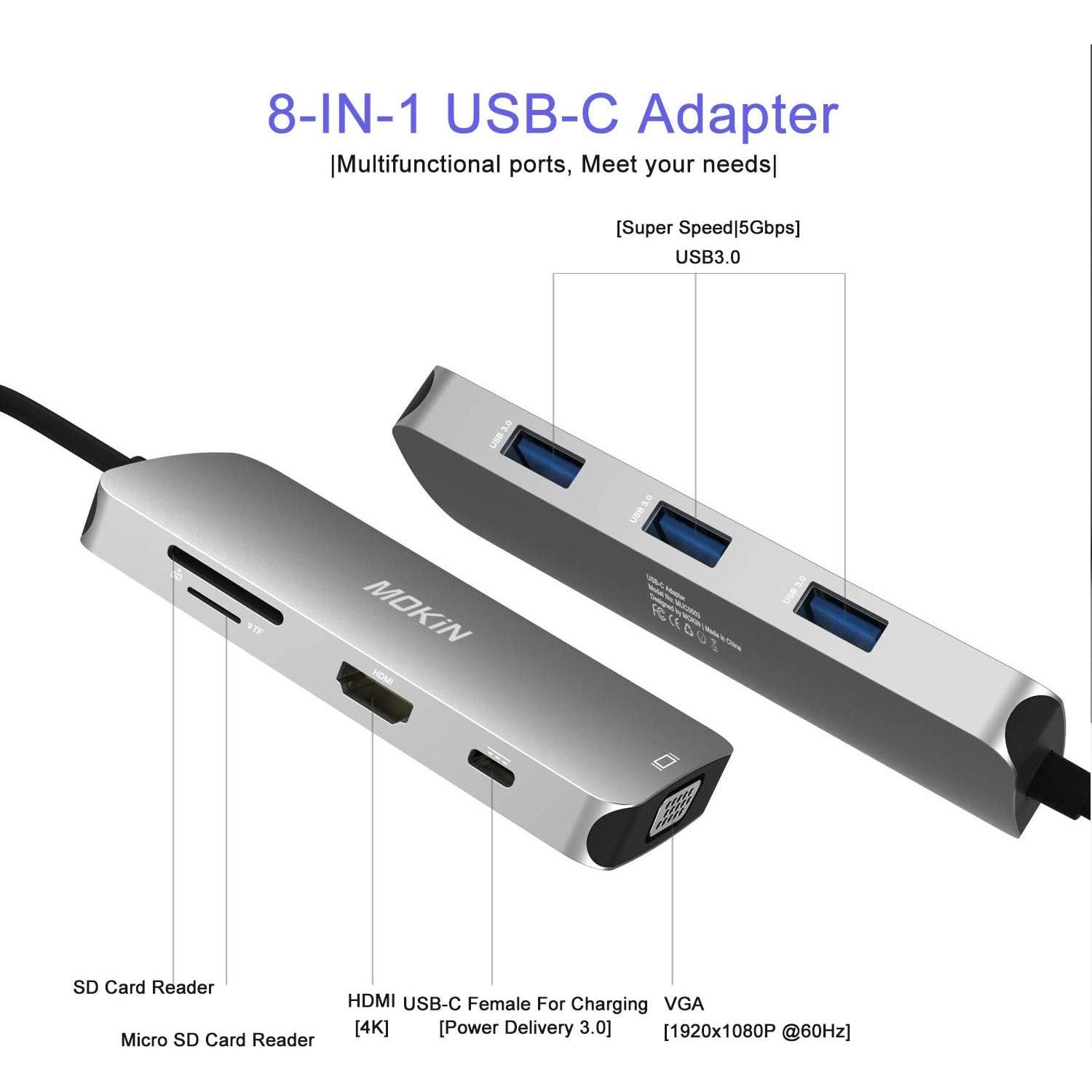Adaptador USB-C Hub MOKiN 8-en-1 HDMI VGA 3 USB 3.0