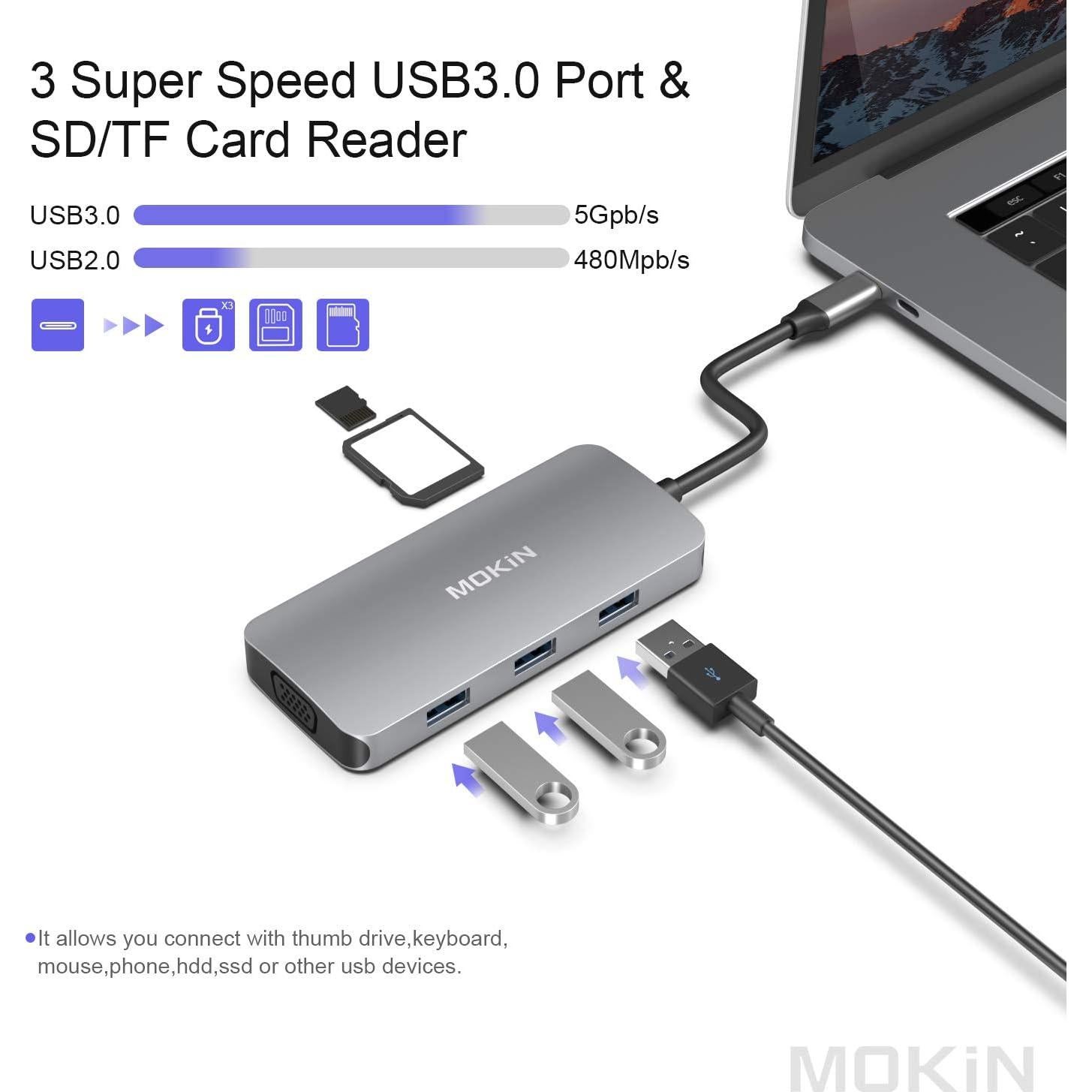 Adaptador USB-C Hub MOKiN 8-en-1 HDMI VGA 3 USB 3.0