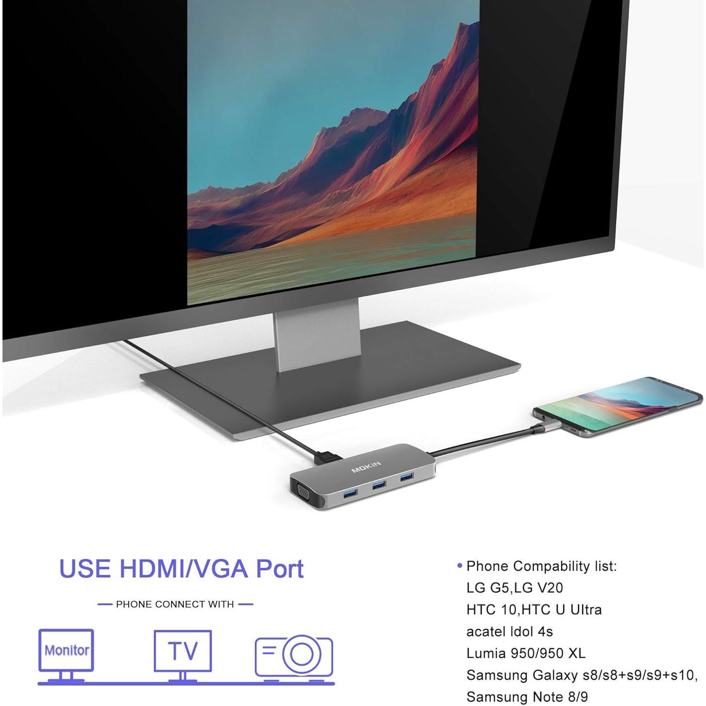 Adaptador USB-C Hub MOKiN 8-en-1 HDMI VGA 3 USB 3.0